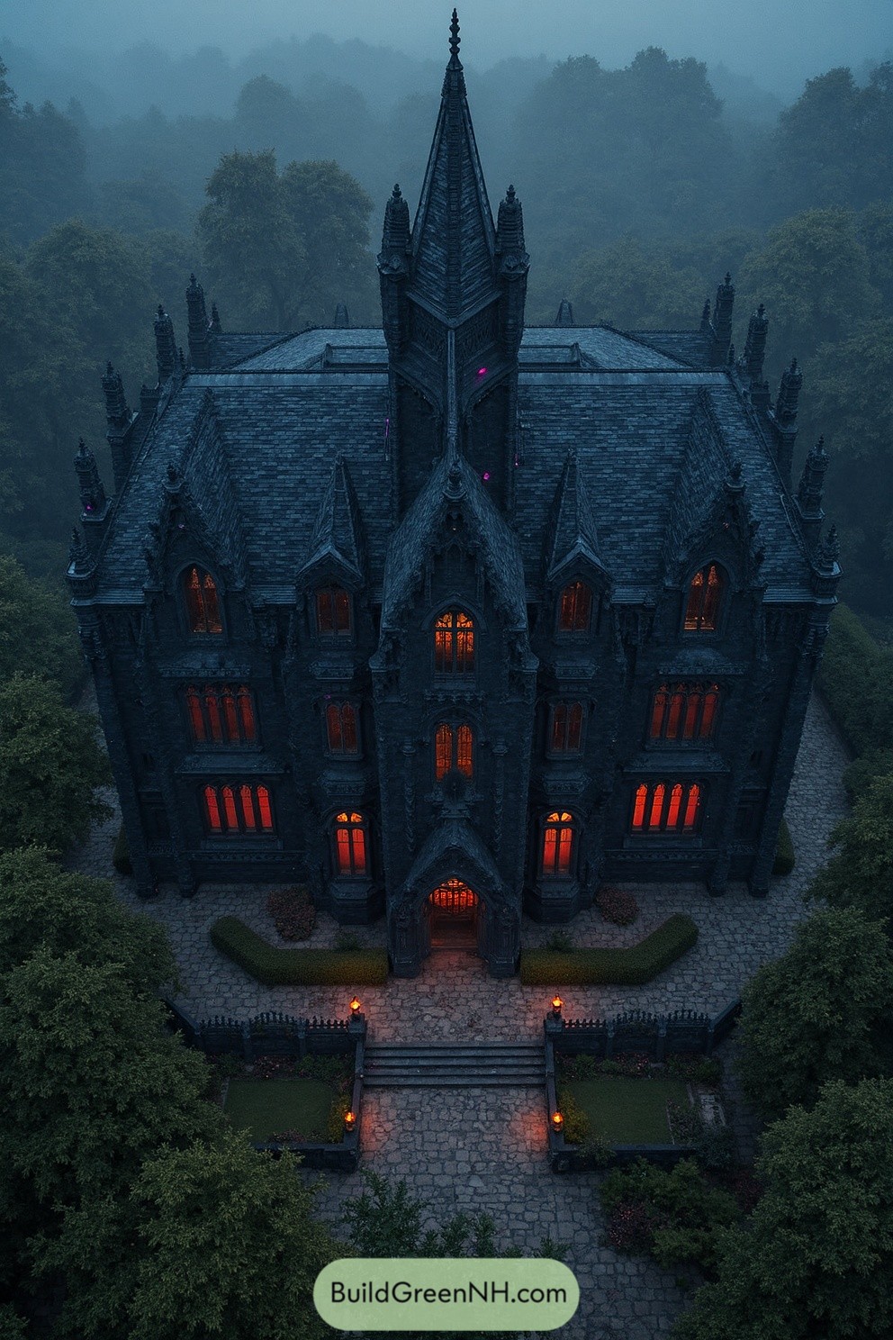 Gothic house with orange lights in a misty forest
