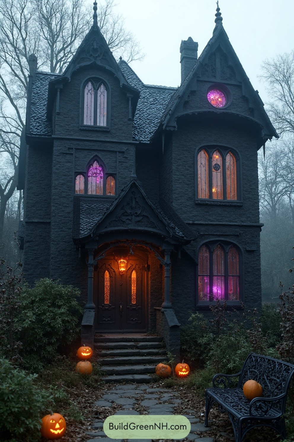 Gothic house with glowing windows and Halloween decorations in a misty forest