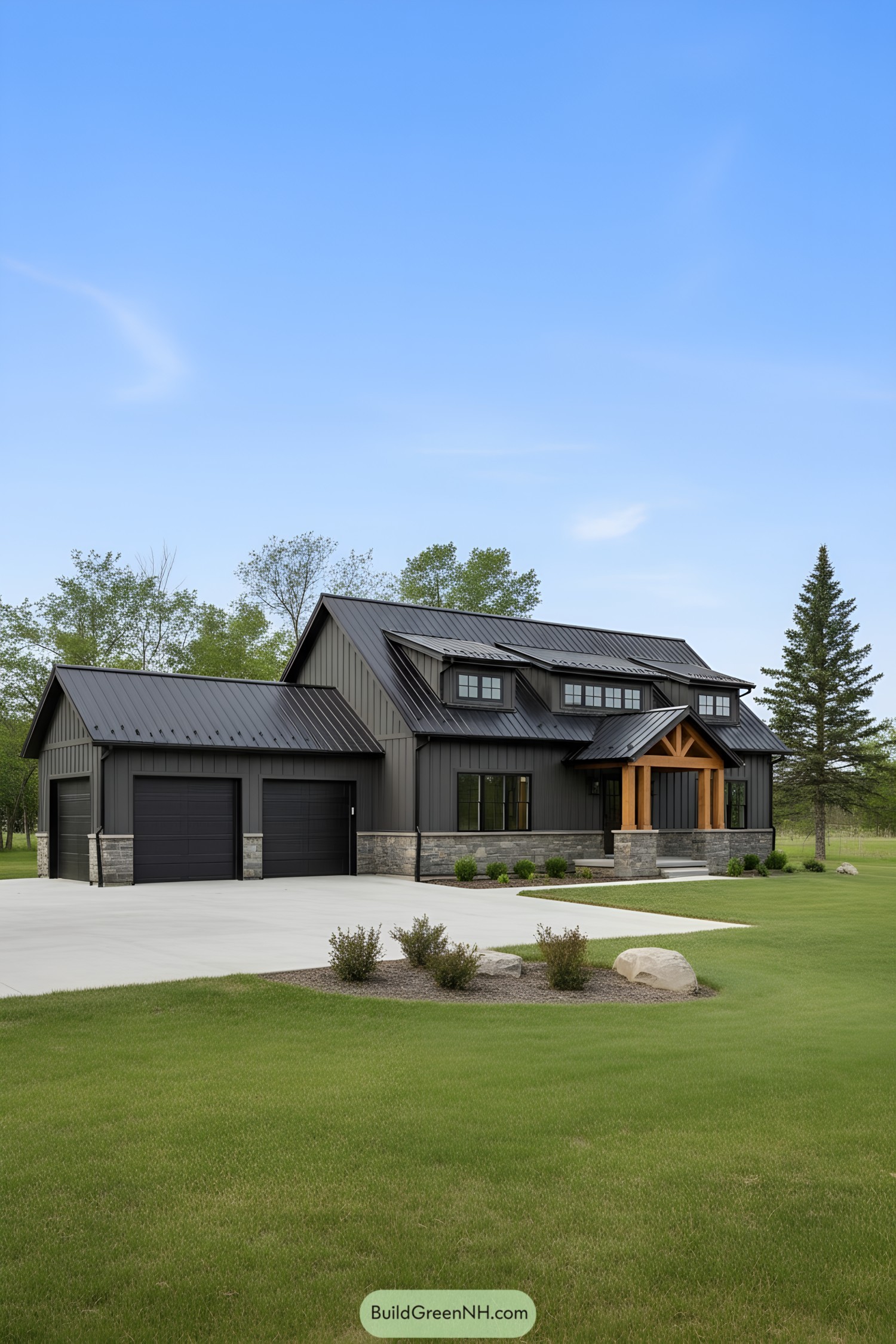 Modern barndominium with a sleek black exterior and wooden accents