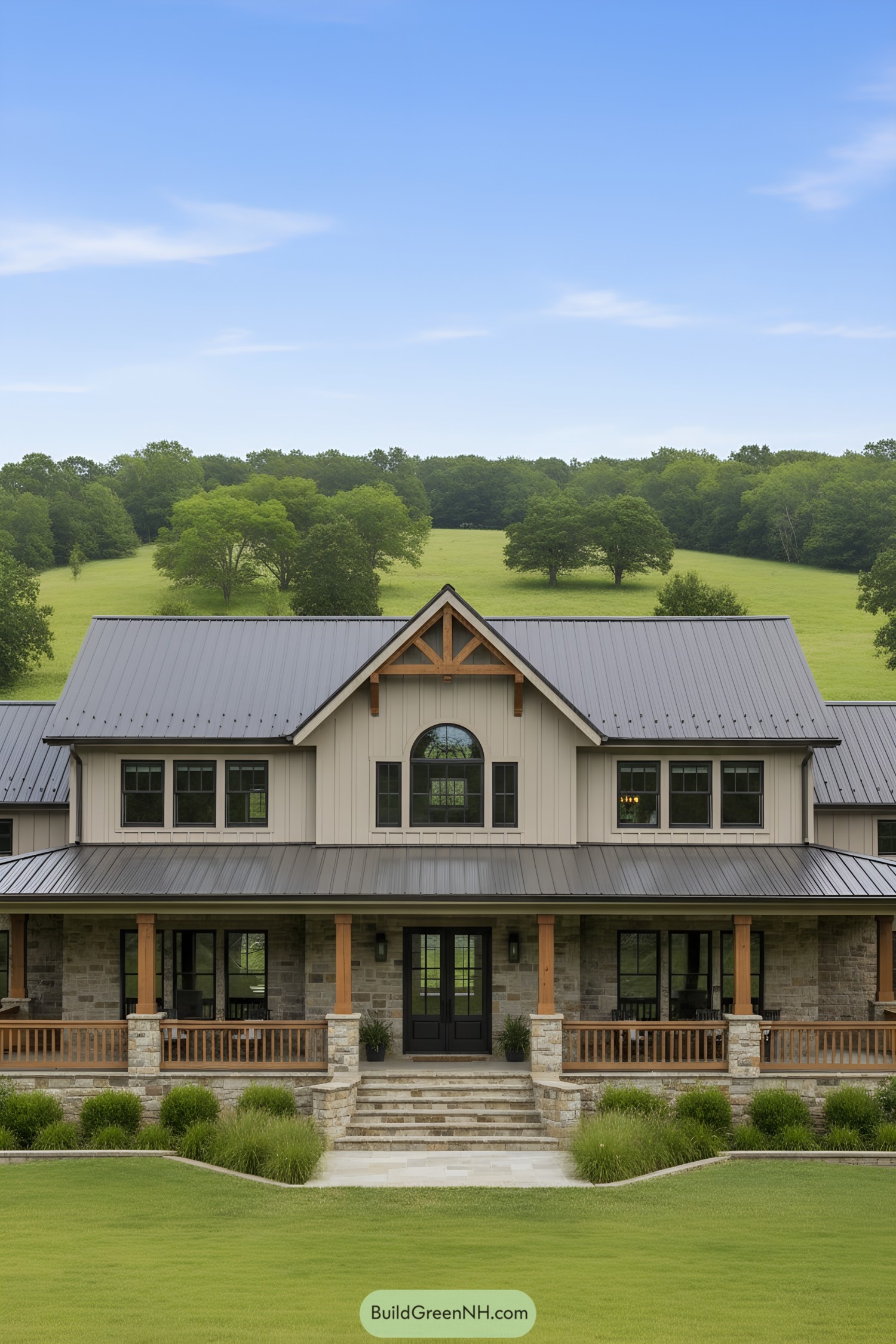 A picturesque craftsman barndominium with a vast lawn and lush surroundings