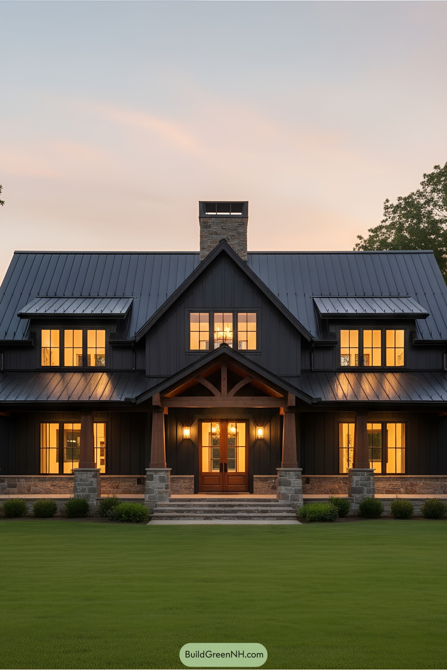 Cozy wooden farmhouse at dusk with glowing windows