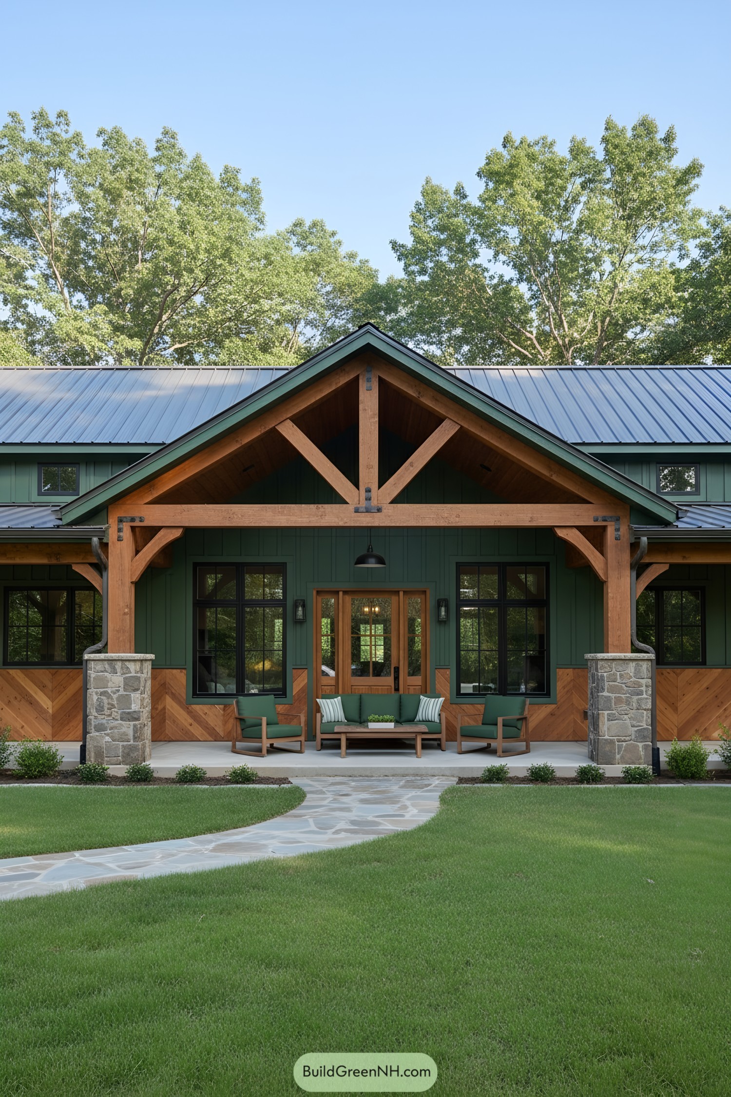 Cozy barndominium with green and wood accents