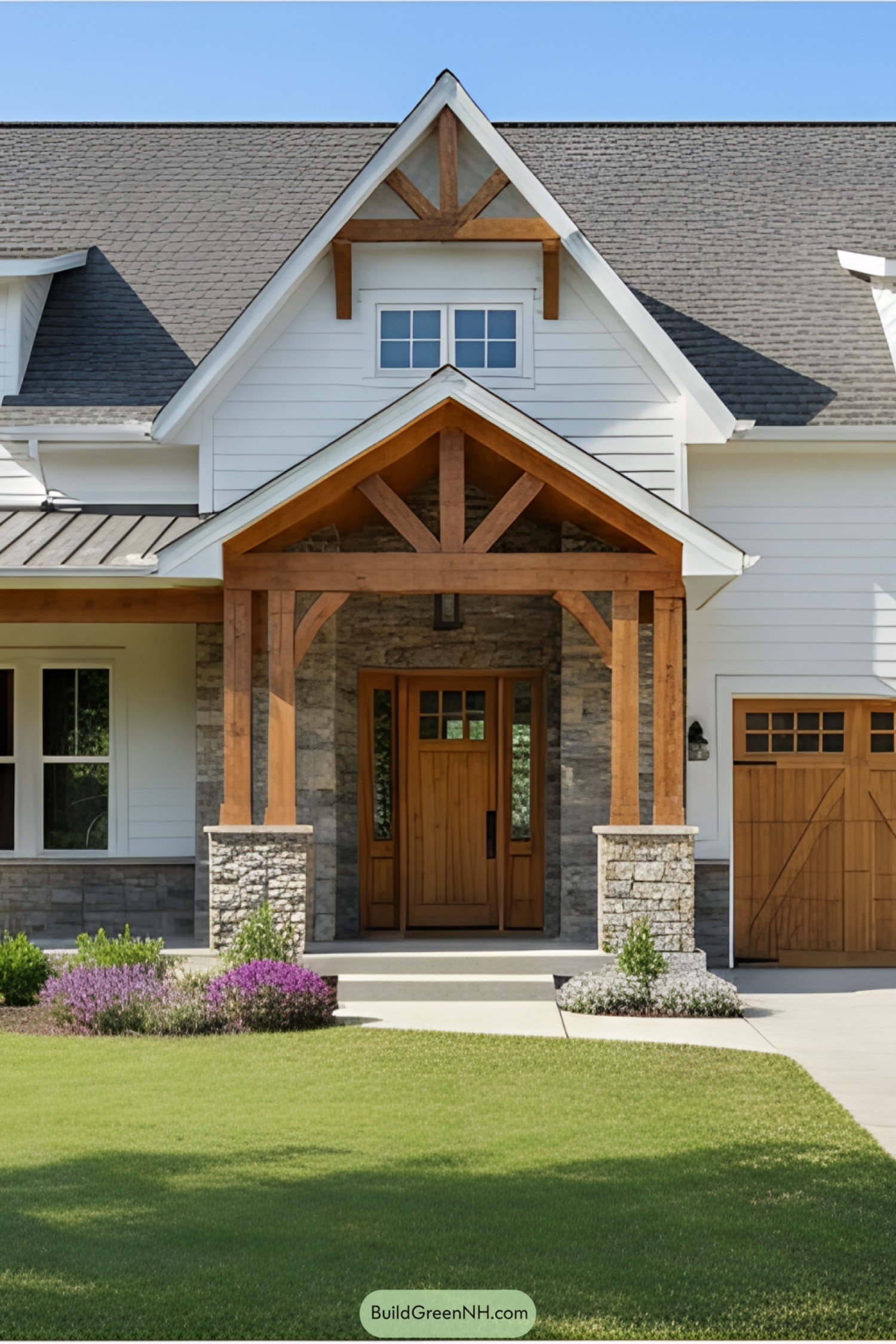 Craftsman-style barndominium with timber accents