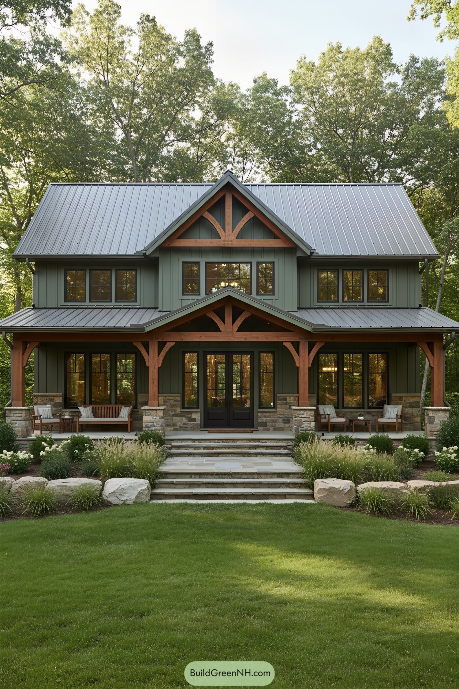 Modern craftsman barndominium with a welcoming porch