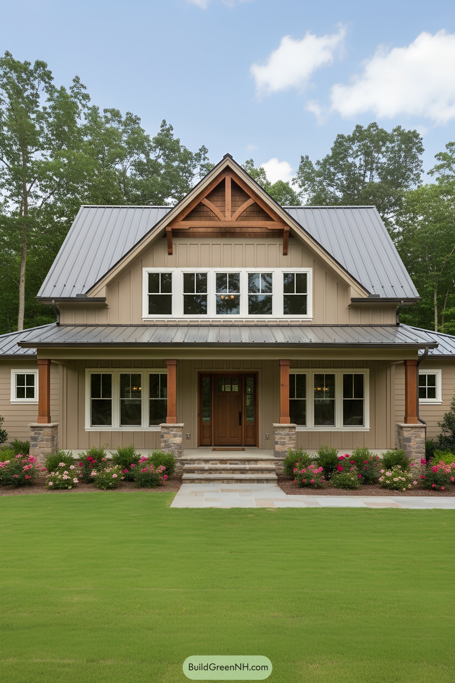Cozy craftsman barndominium surrounded by lush greenery