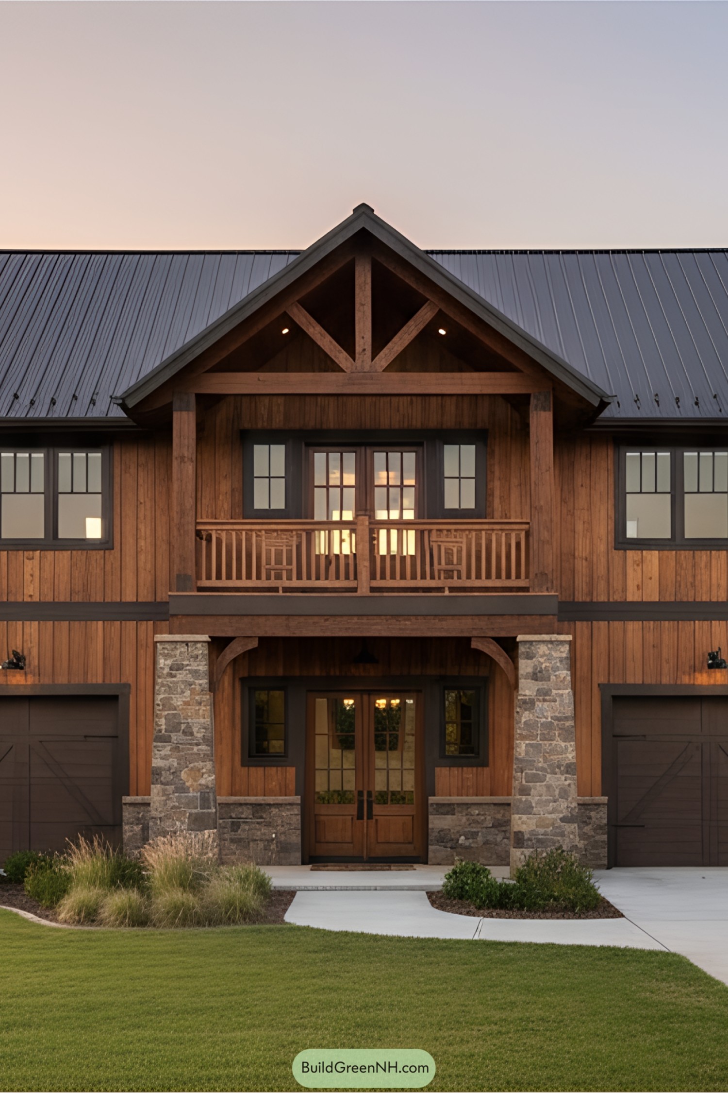 A rustic wooden barndominium with a stone facade