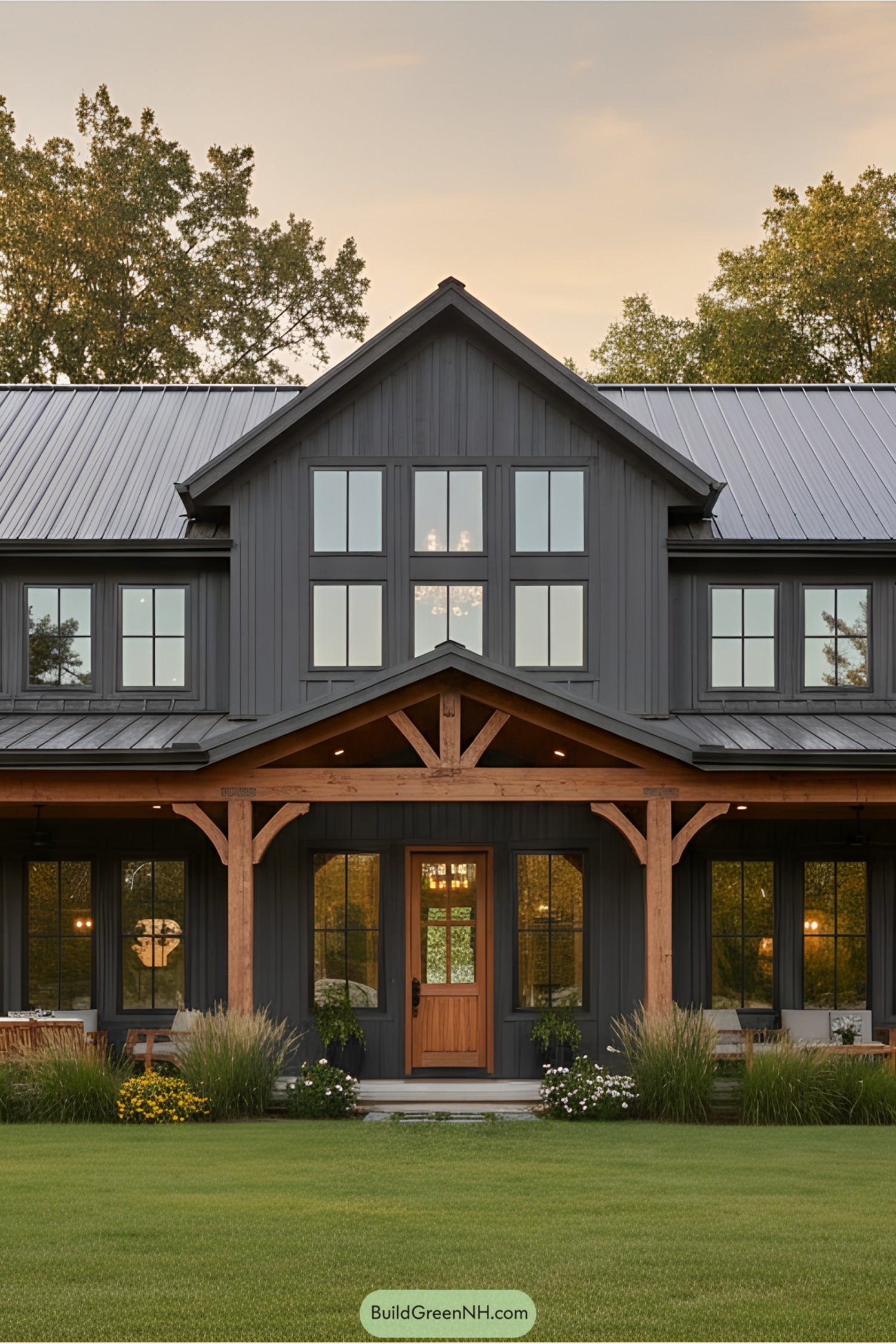 Barndominium with wooden beams and lush lawn