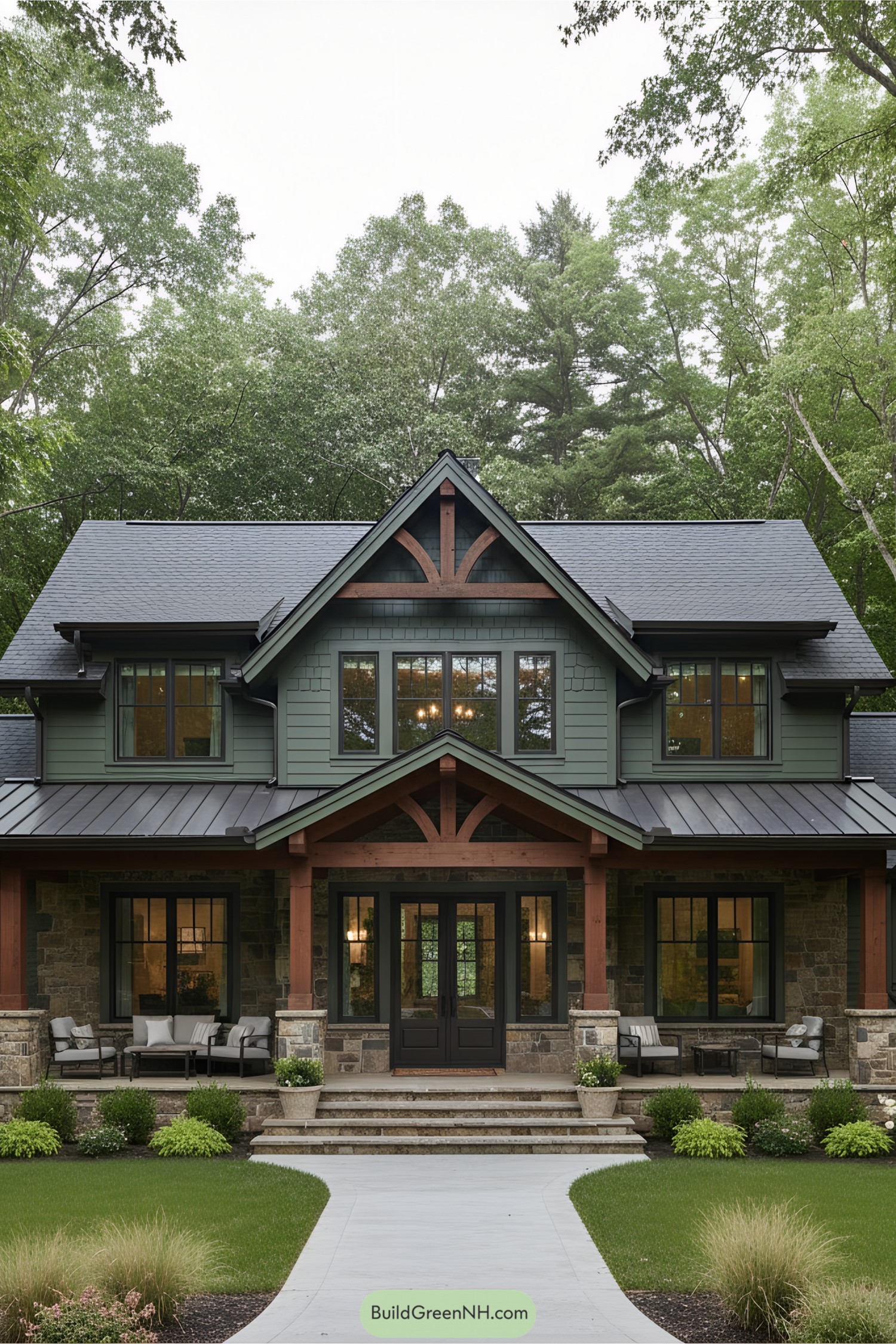 Barndominium with gabled roof and lush surroundings