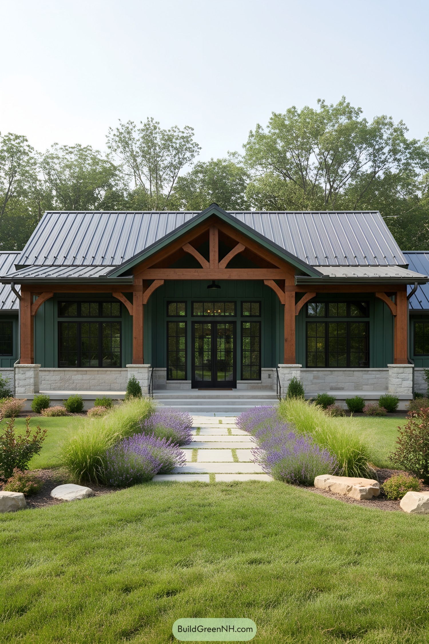 Modern barndominium with lush garden