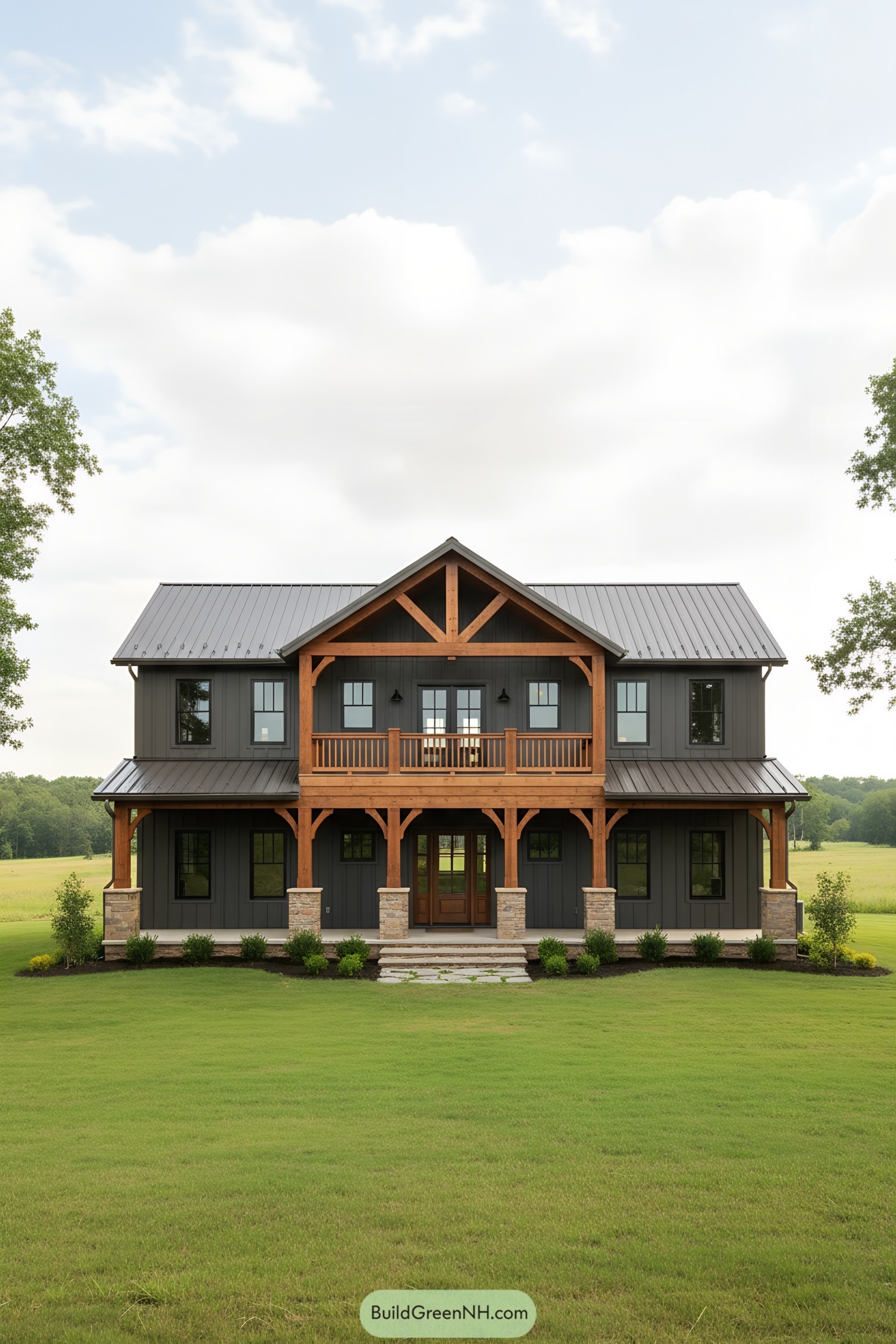 Wooden barndominium with grand porch in a field