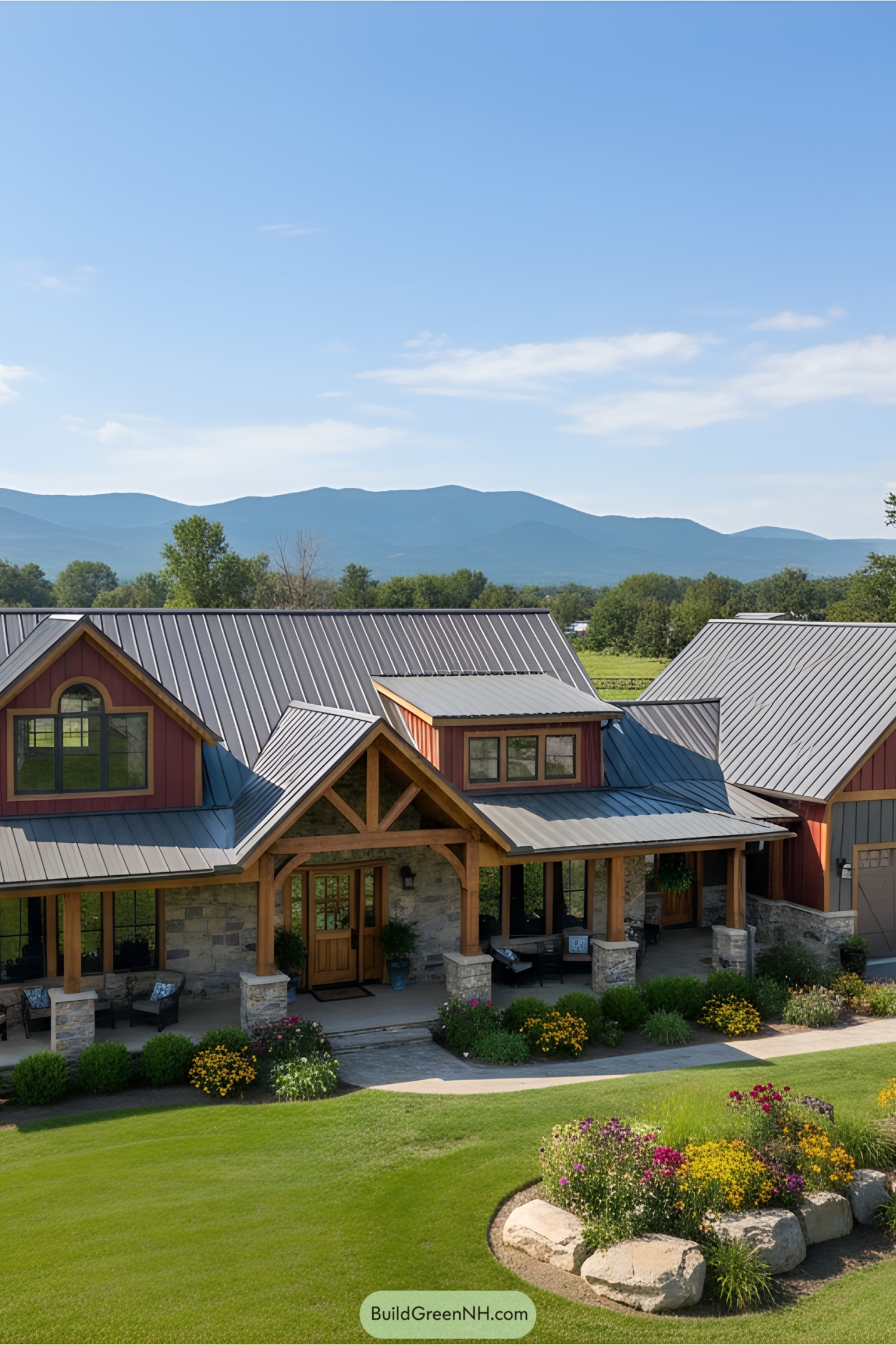 Picturesque barndominium with mountains in the background