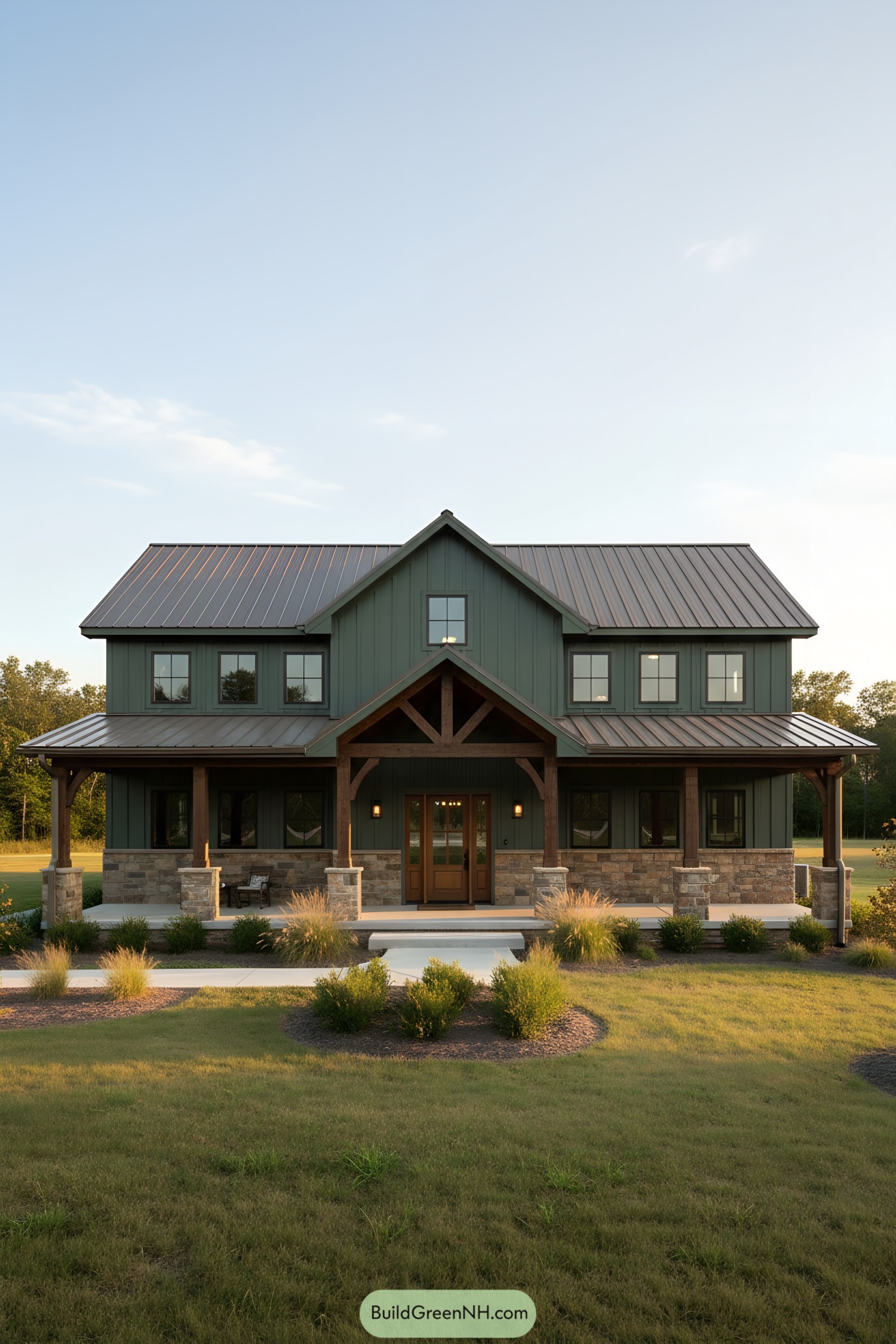 Charming craftsman-style barndominium with stone accents