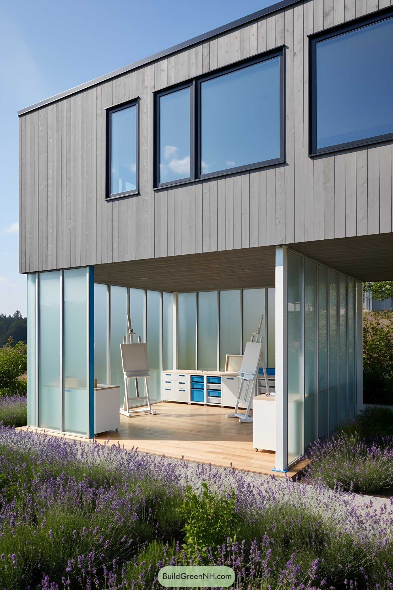 Modern cabin on stilts with a bright lower-level studio space