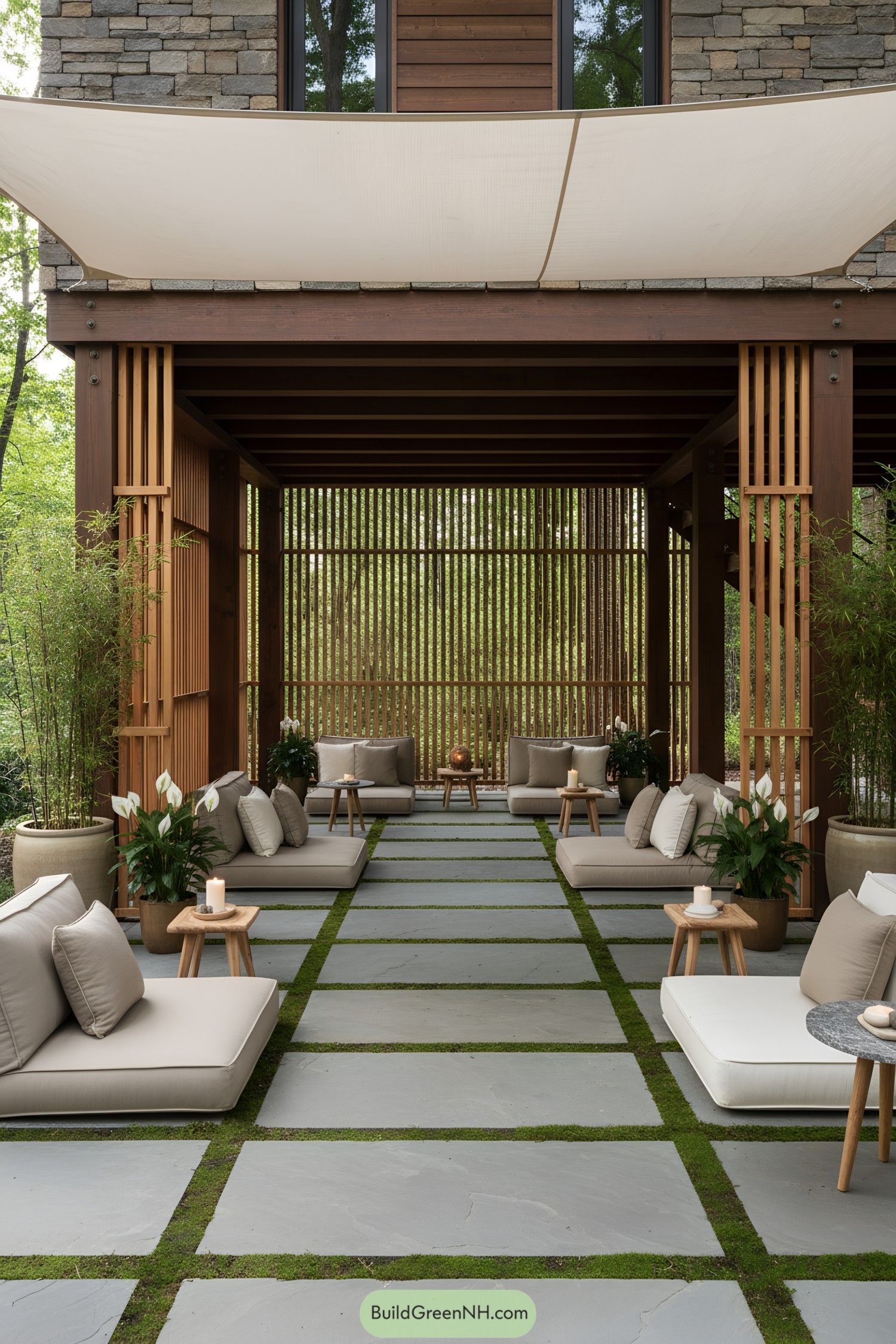 Tranquil outdoor seating area under a modern cabin