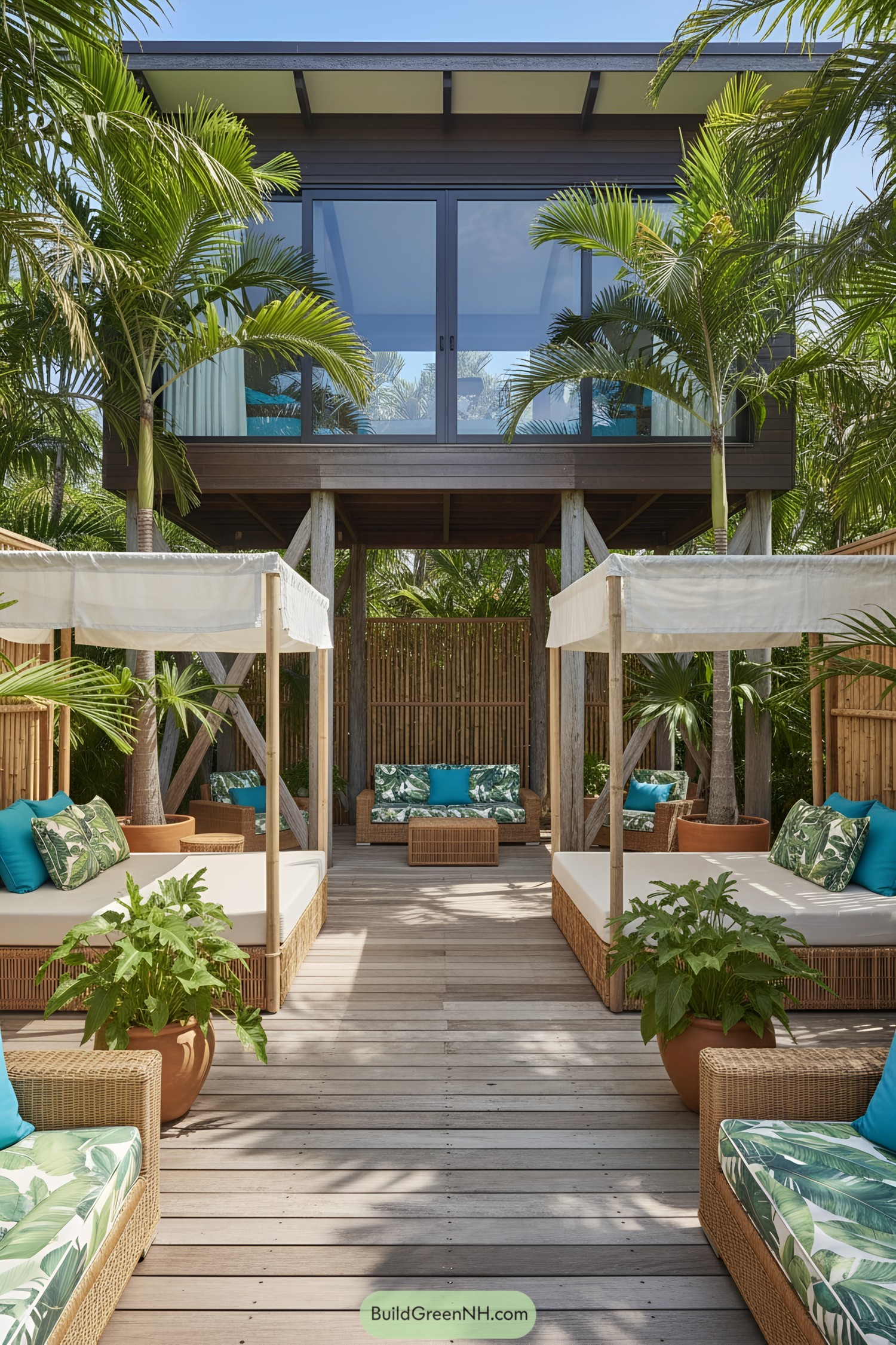 Modern cabin on stilts with outdoor lounge area