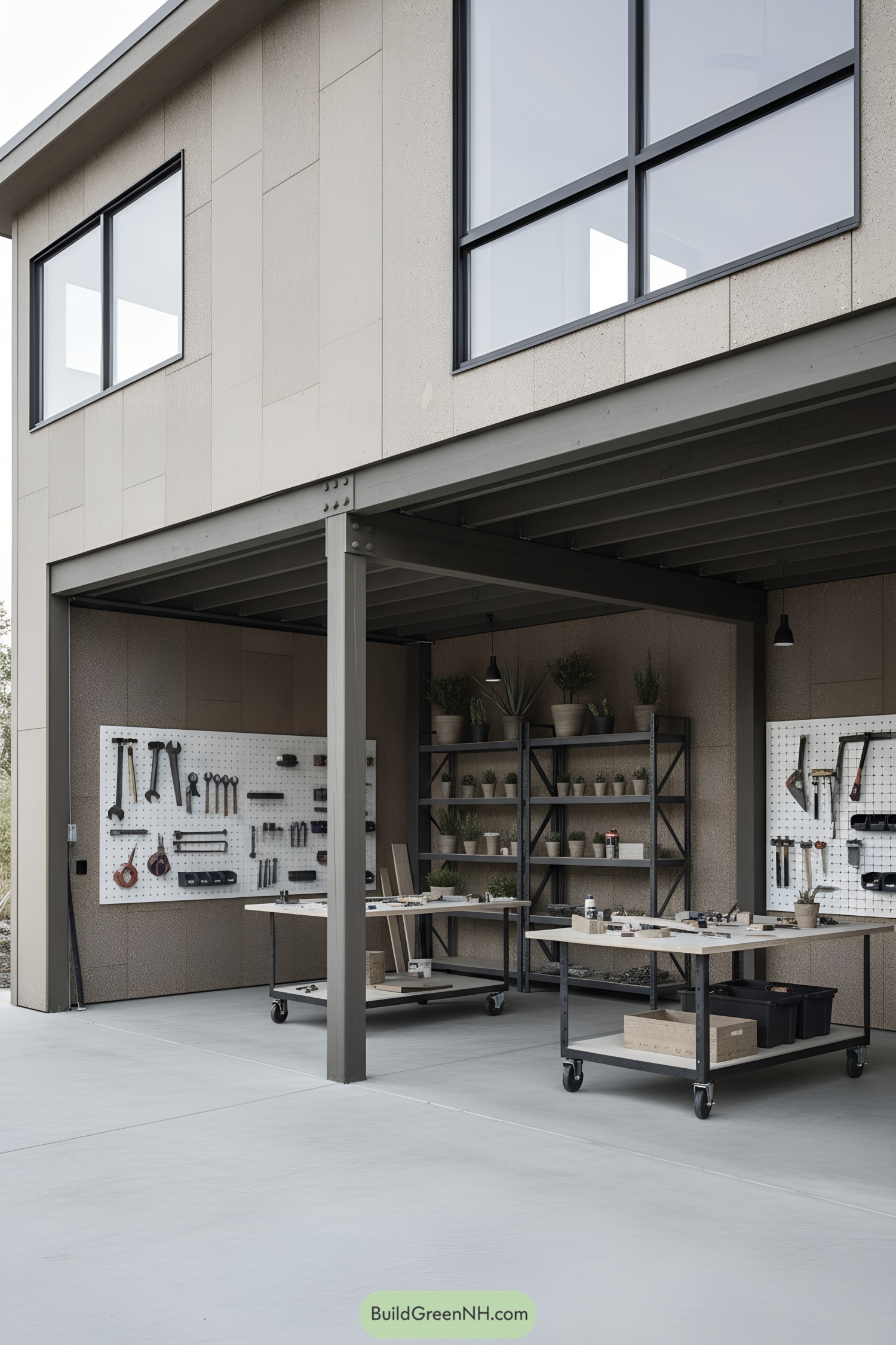 Elevated outdoor workshop space under a modern cabin on stilts