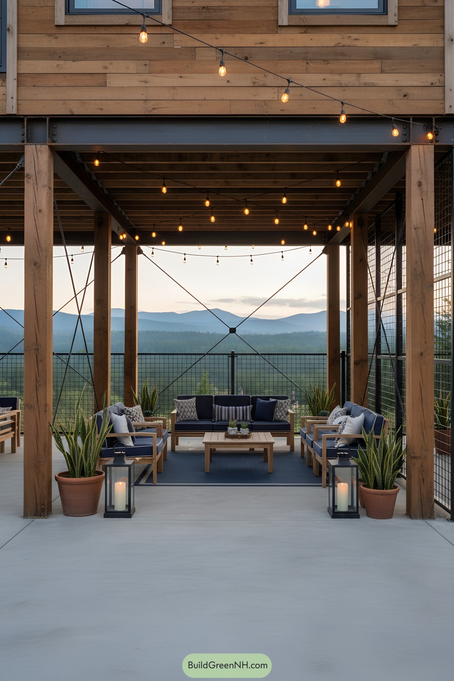 Elevated patio with seating and mountain backdrop