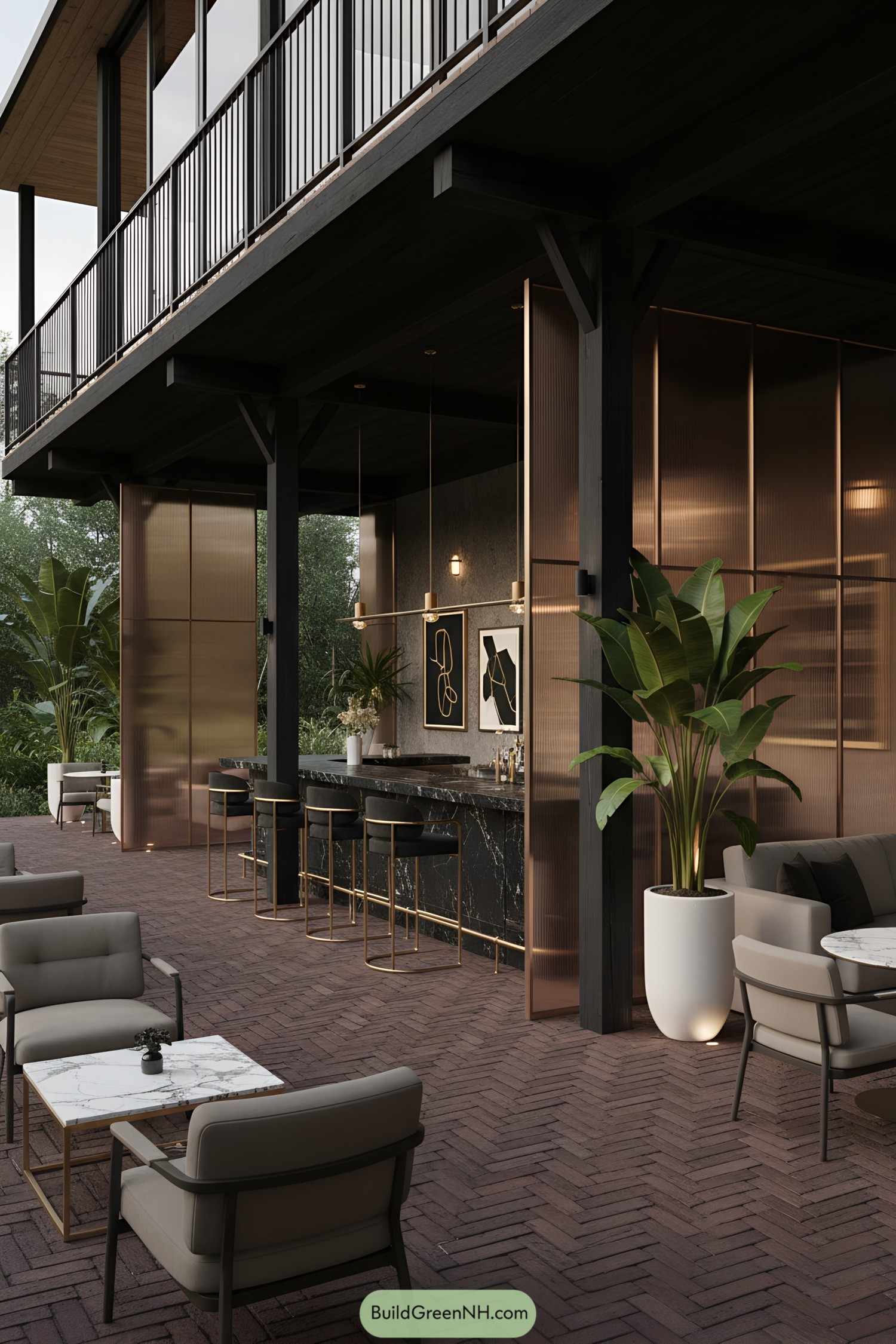 Stylish outdoor space under elevated modern cabin