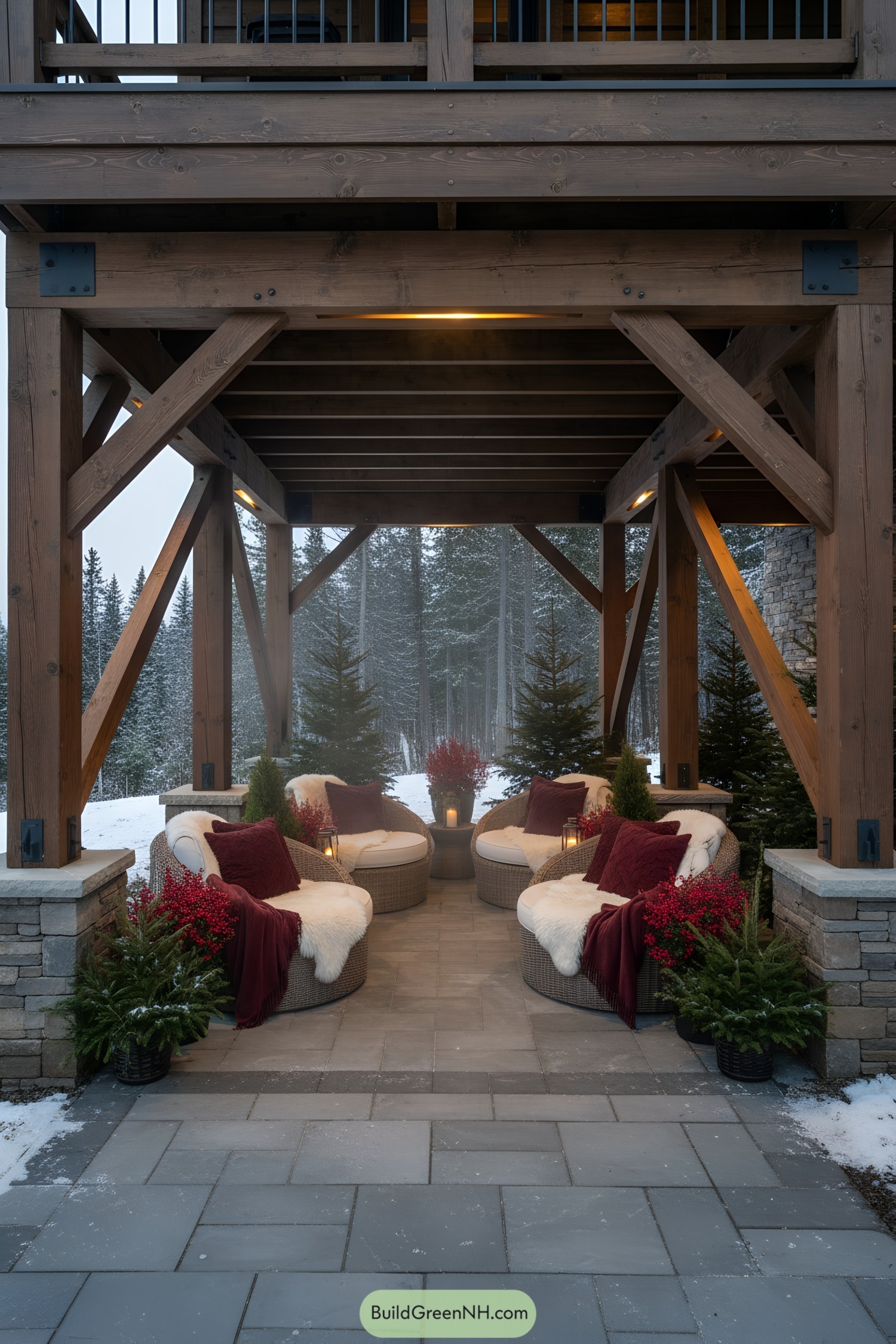 Outdoor seating area under a stilted cabin with snowy scenery