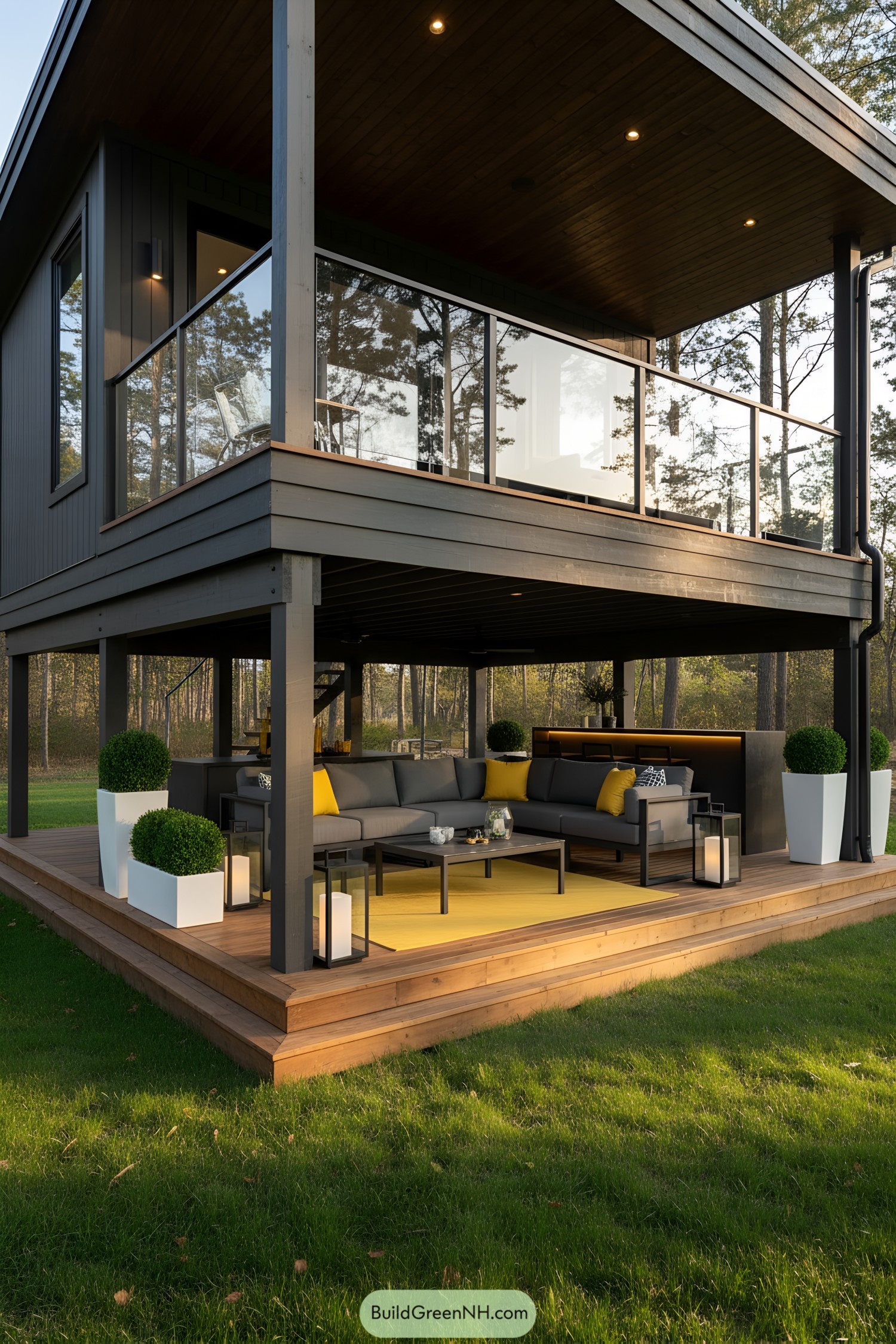 Modern cabin on stilts with an outdoor seating area