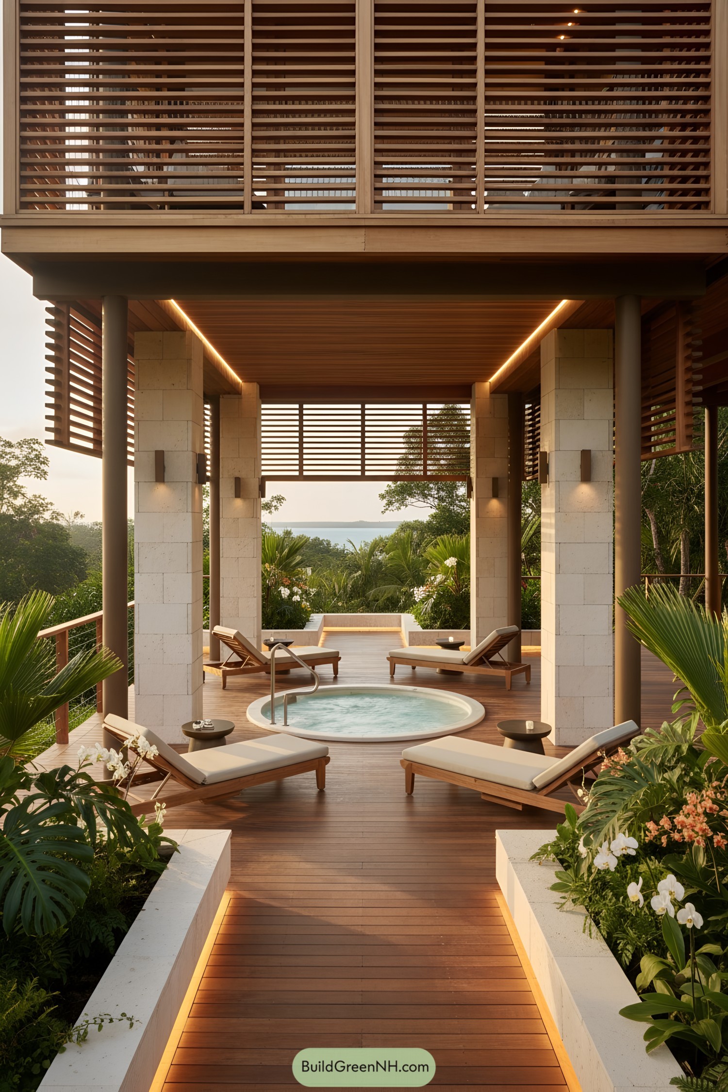 Outdoor lounge under a stilted cabin