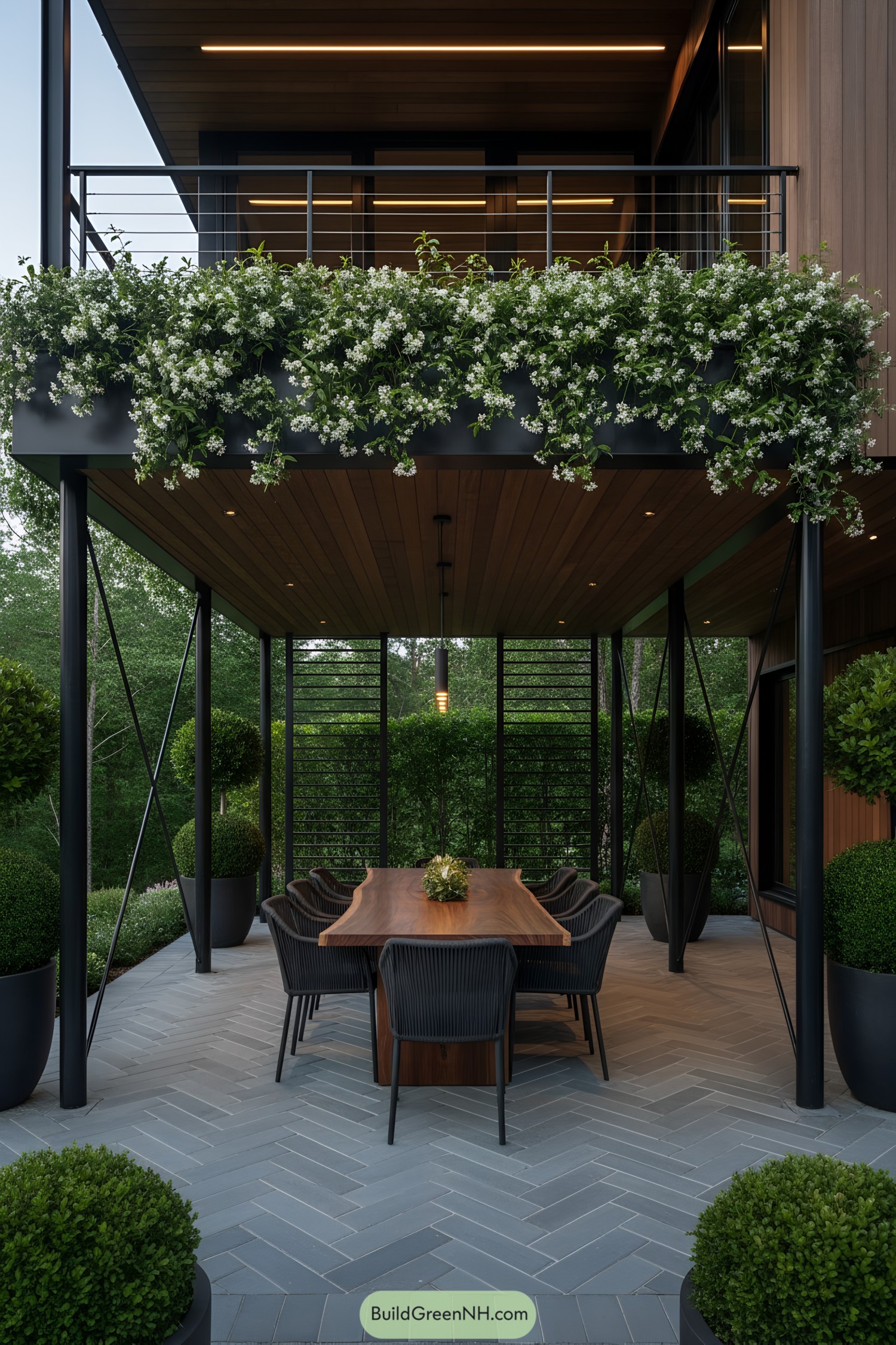 Stylish outdoor dining area under an elevated cabin