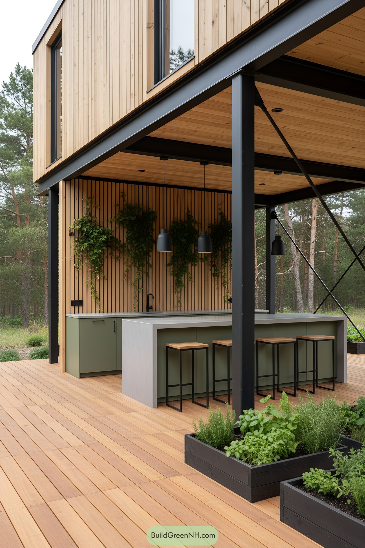 Modern stilted cabin with outdoor kitchen and greenery
