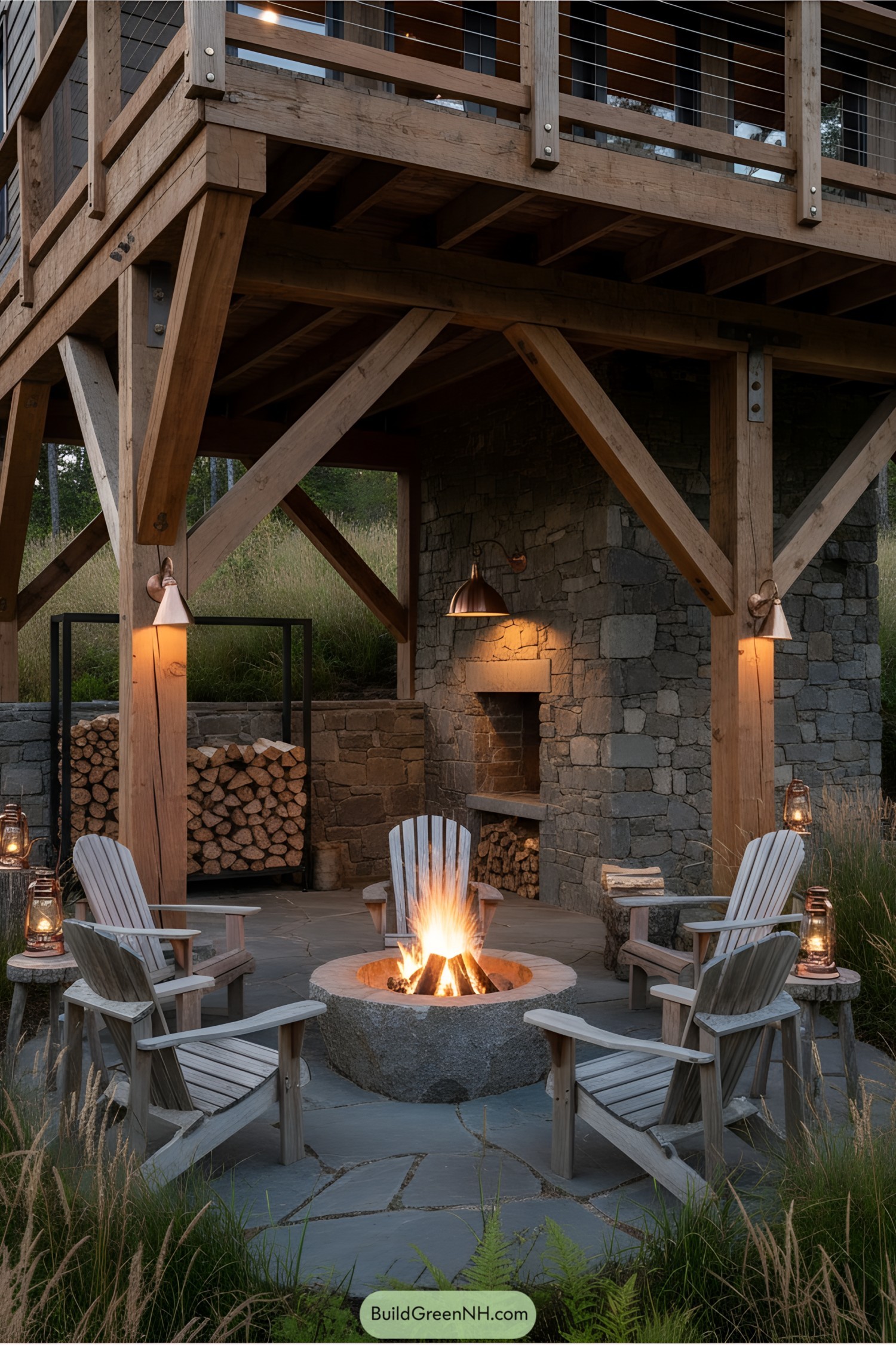 Wooden cabin elevated on stilts with outdoor fire pit and seating below