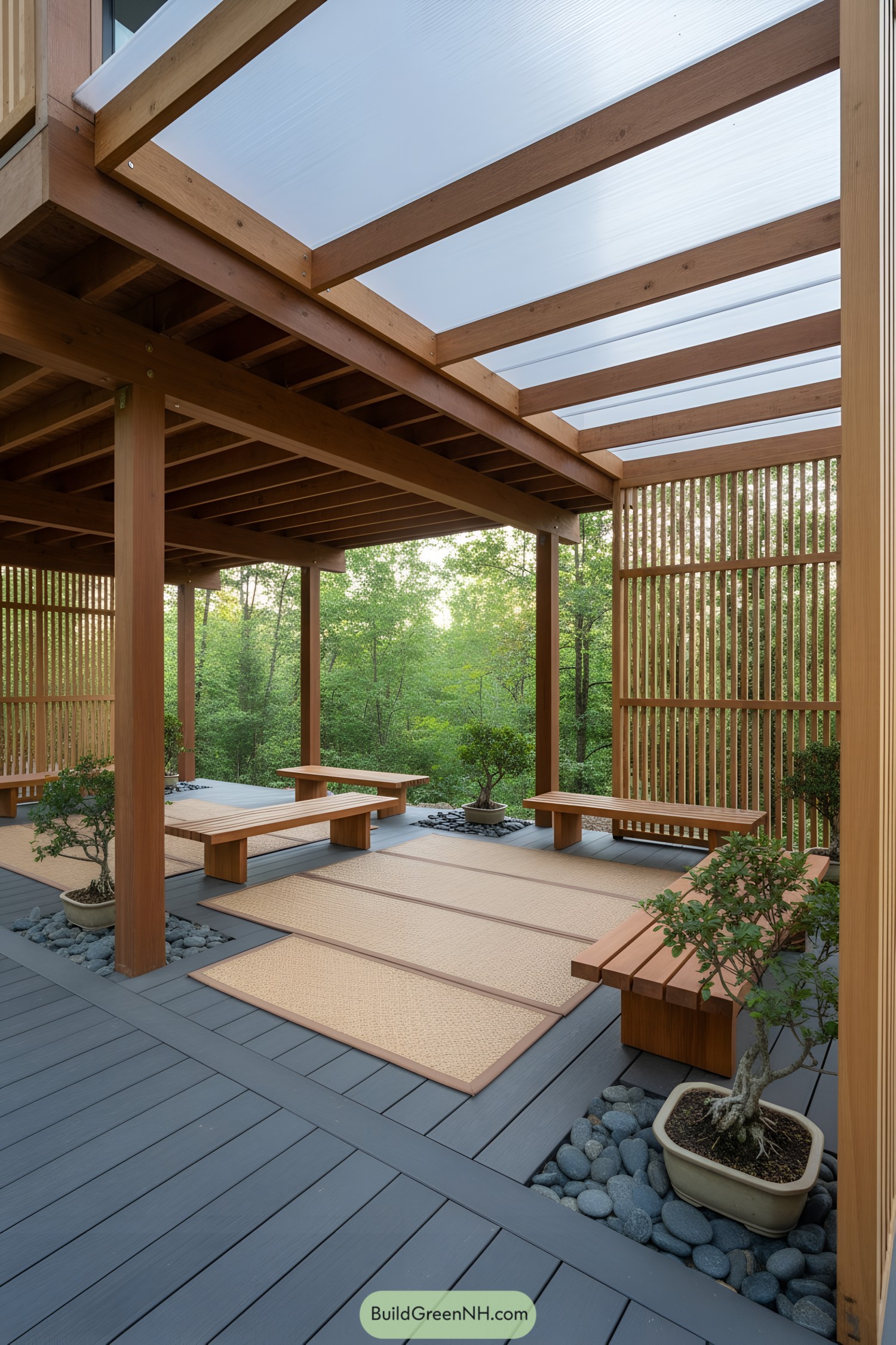 Wooden deck with benches and greenery, elevated under a cabin