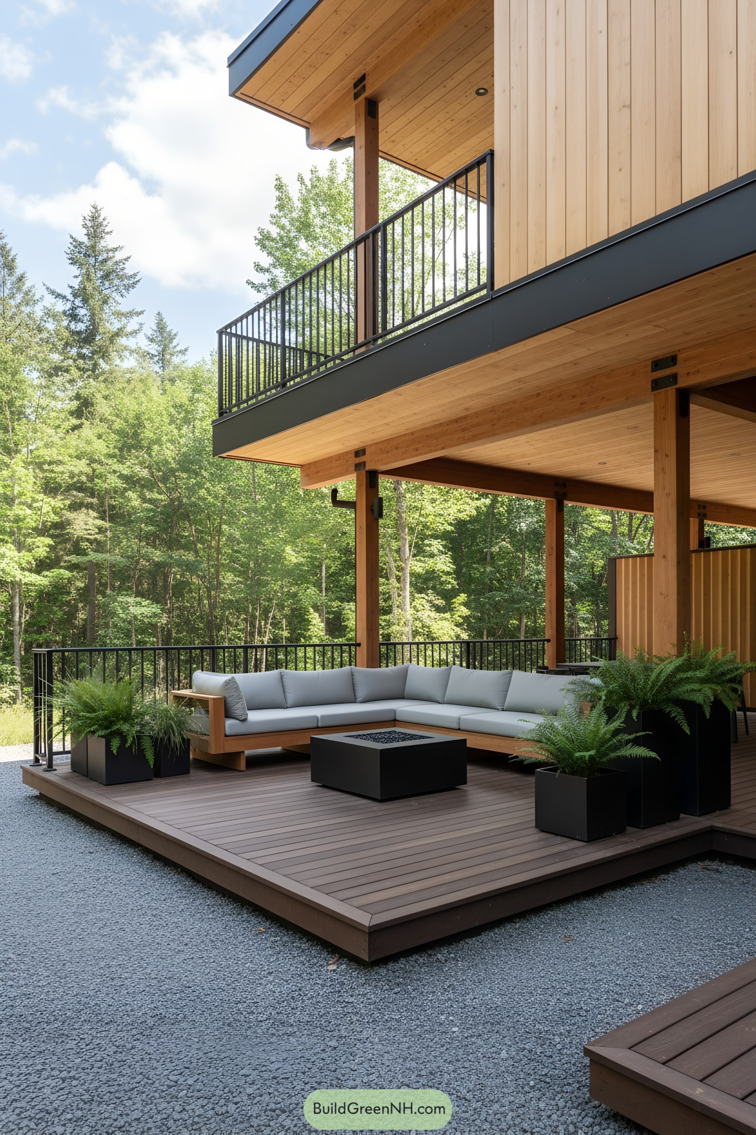 A contemporary cabin with a cozy outdoor seating area underneath