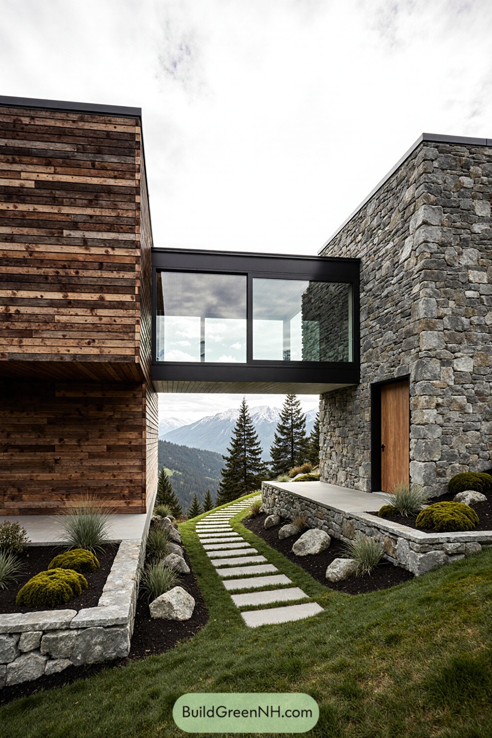 Modern house with timber cladding, stone sections, and mountain view