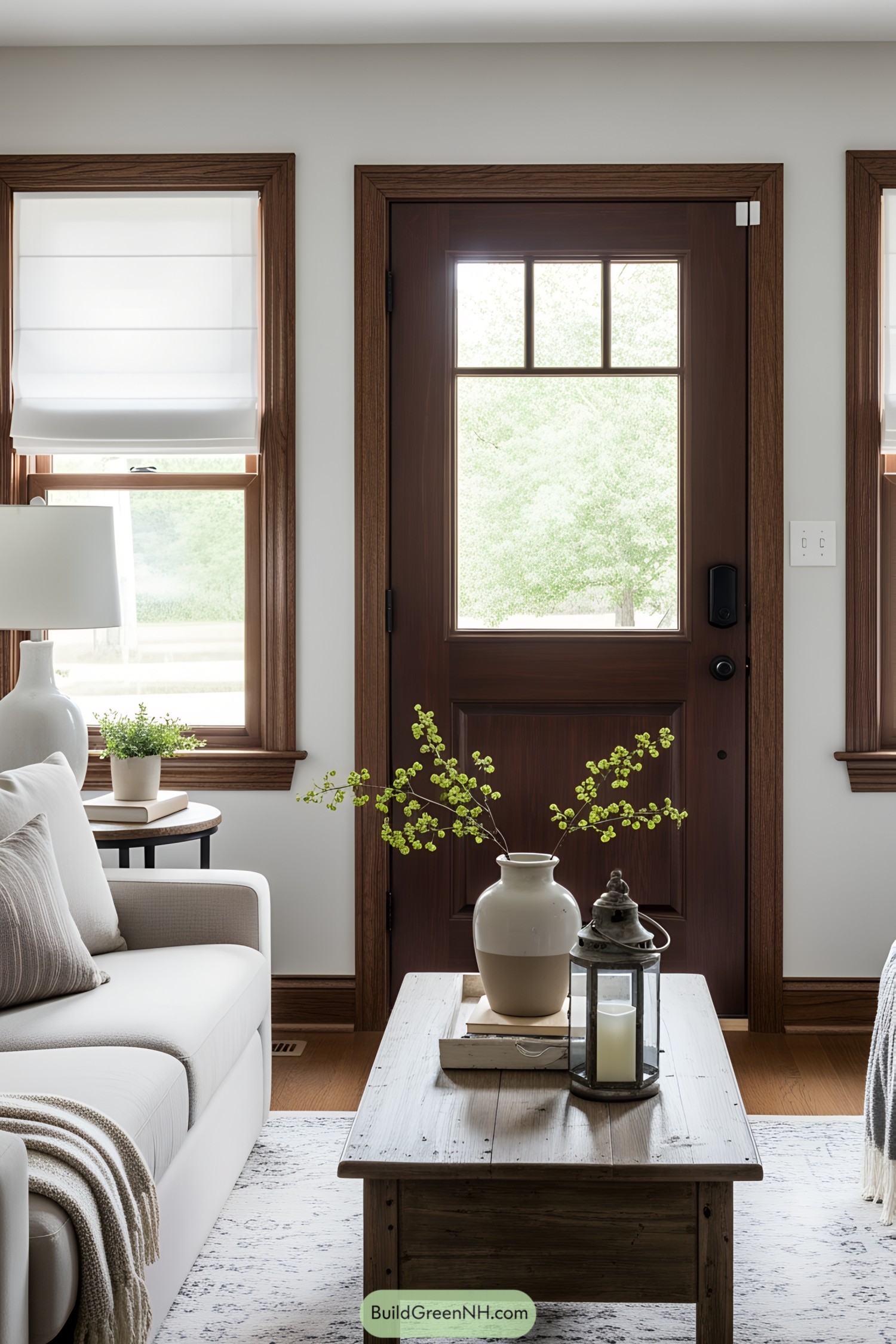 small farmhouse cottage living room with external door with two windows from both sides, there is space between the windows and the door, the door and window trim is dark wood, door has glass grid on the upper part, windows have white roman shades, furniture is modern farmhouse style, the room is small but feels spacious