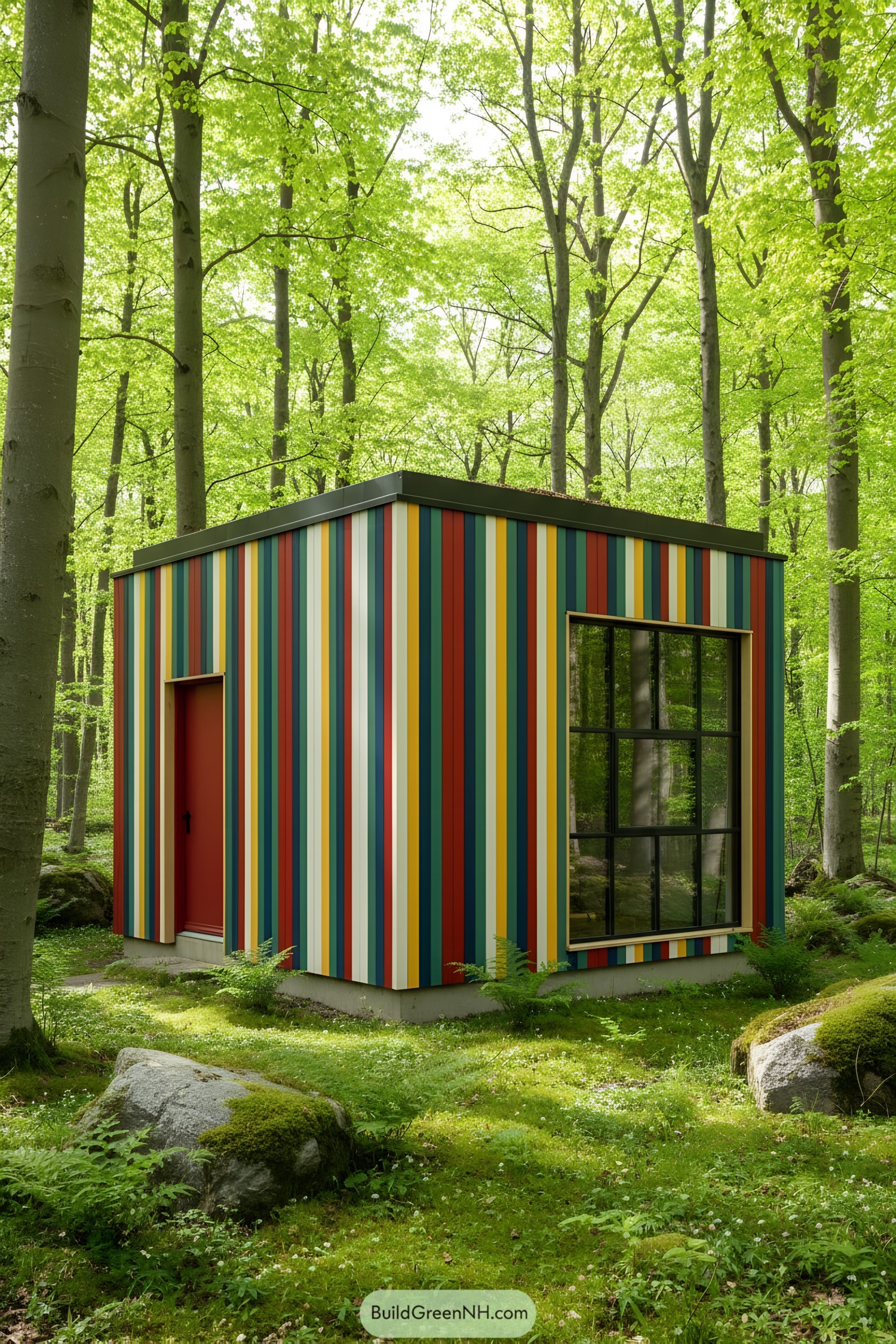 Colorful cottage with vertical striped slats in a forest setting