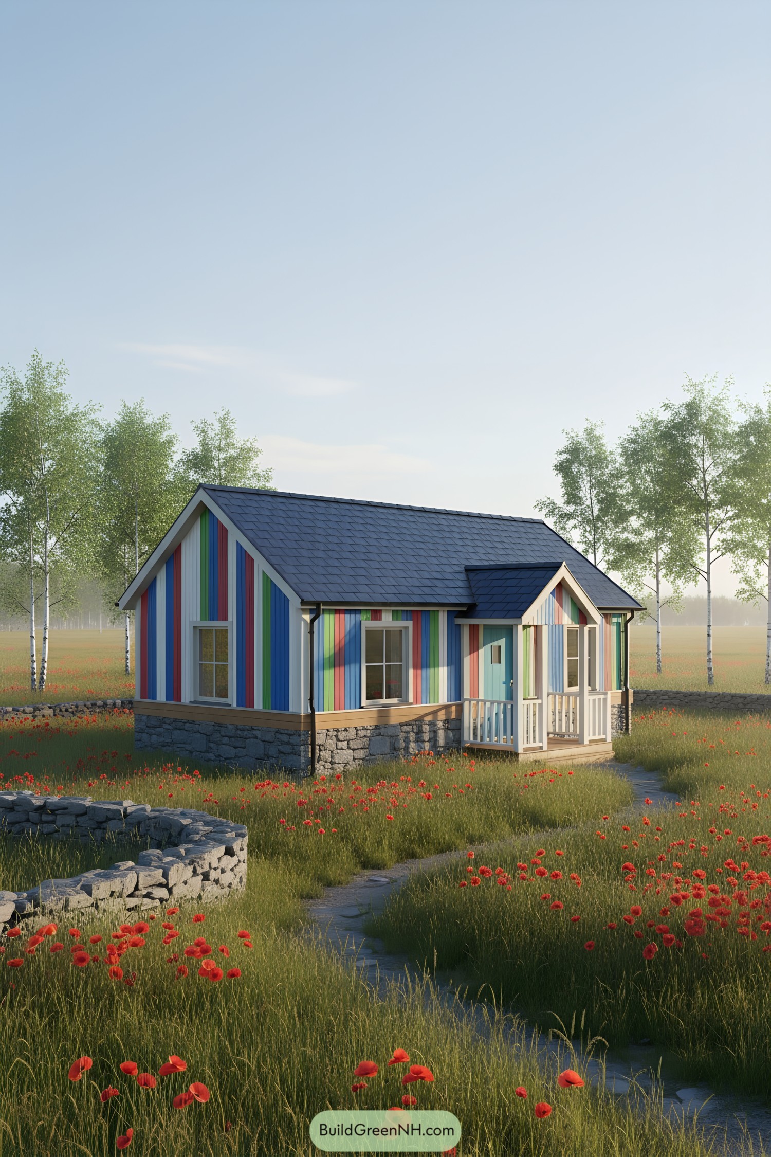 In a serene meadow, the cottage boasts sleek vertical slats in a rhythmic pattern of cobalt, chartreuse, crimson, and alabaster, unified by pale grey mortar joints. The single-story, rectangular building is clad with engineered hardwood and heavy stone at its foundation. The broad hipped roof is topped in recycled dark blue slate. Paneled windows with matching painted sills are set flush on one side, while the cerulean blue main door features minimalist brushed silver hardware. A small raised veranda edged with white-painted balusters overlooks a field of wild poppies, and hand-built stone walls outline soft paths drifting through the tall grass and toward groves of birch in the distance.