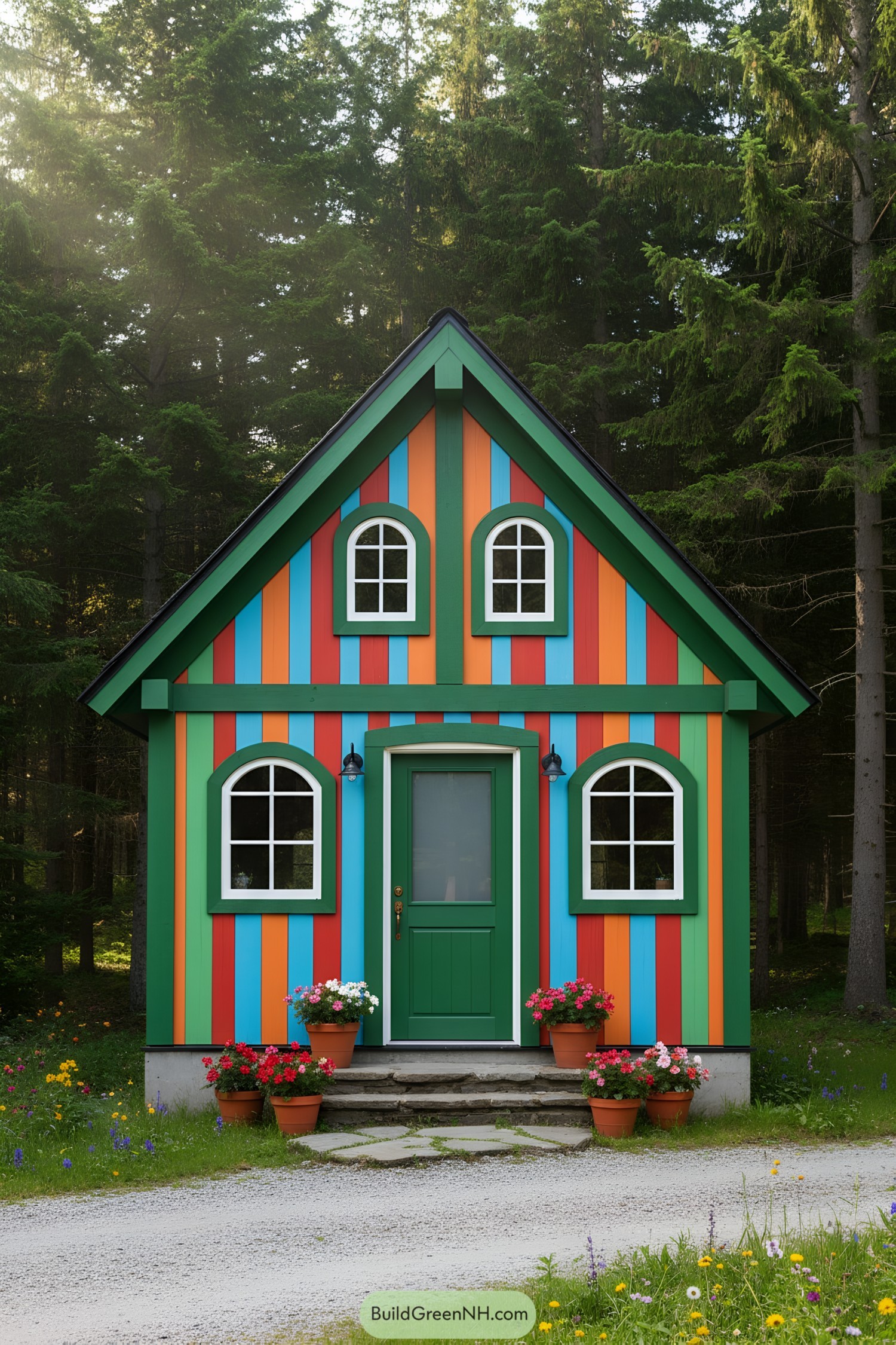 Colorful cottage with green door nestled among trees