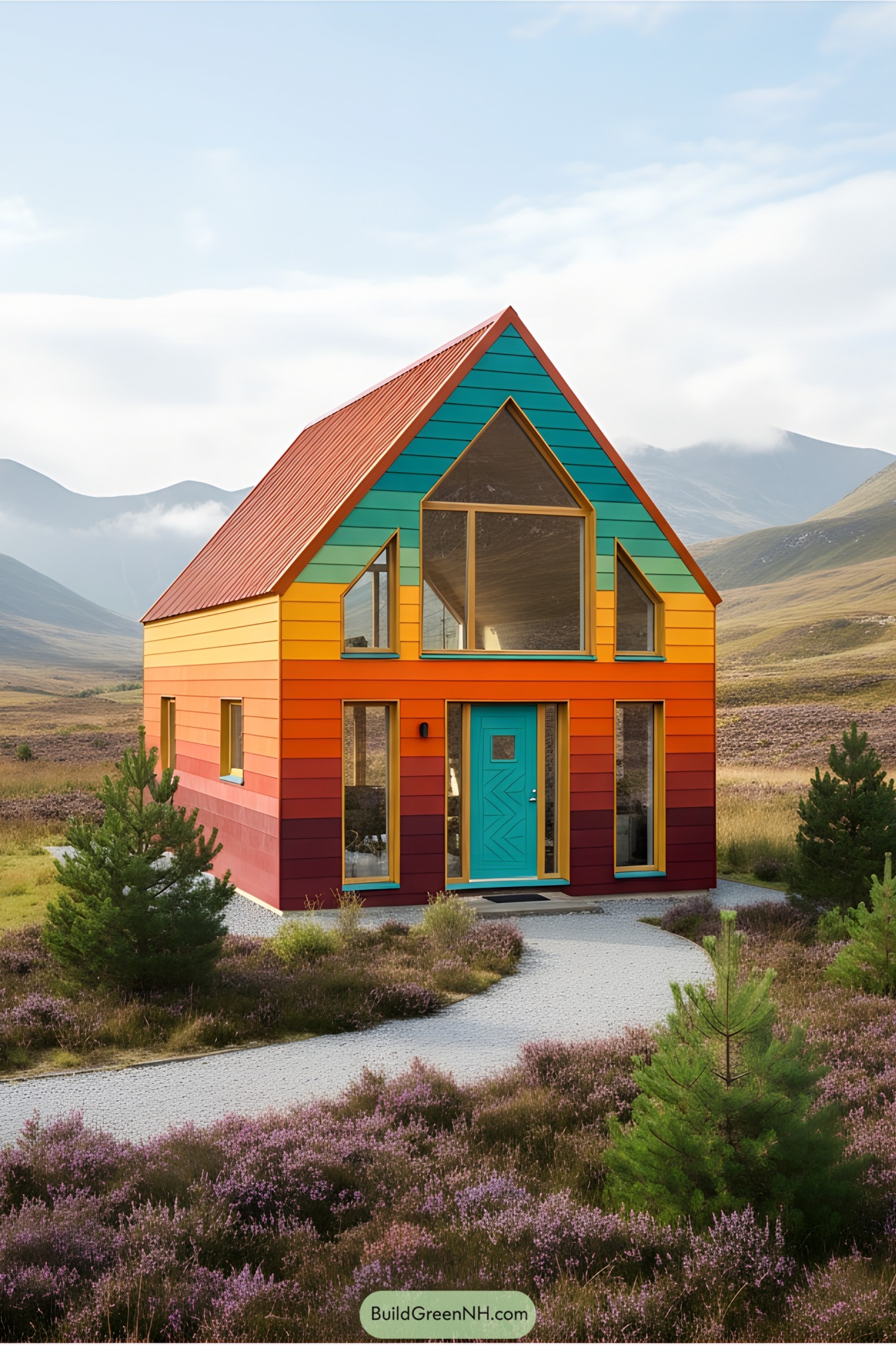 Colorful cottage with bright, multi-colored slats in a meadow