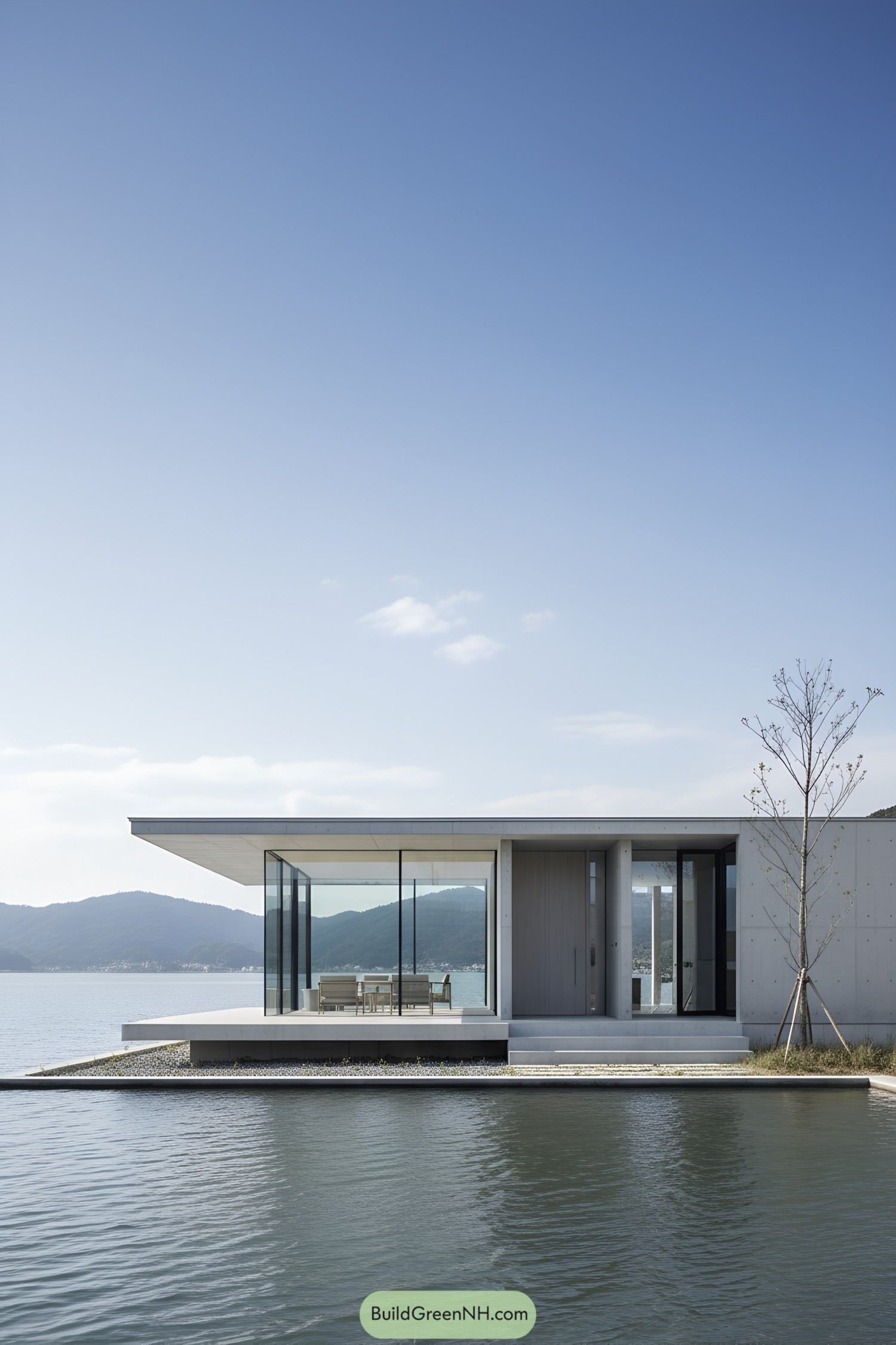 Modern Japanese beach house with glass walls overlooking the ocean