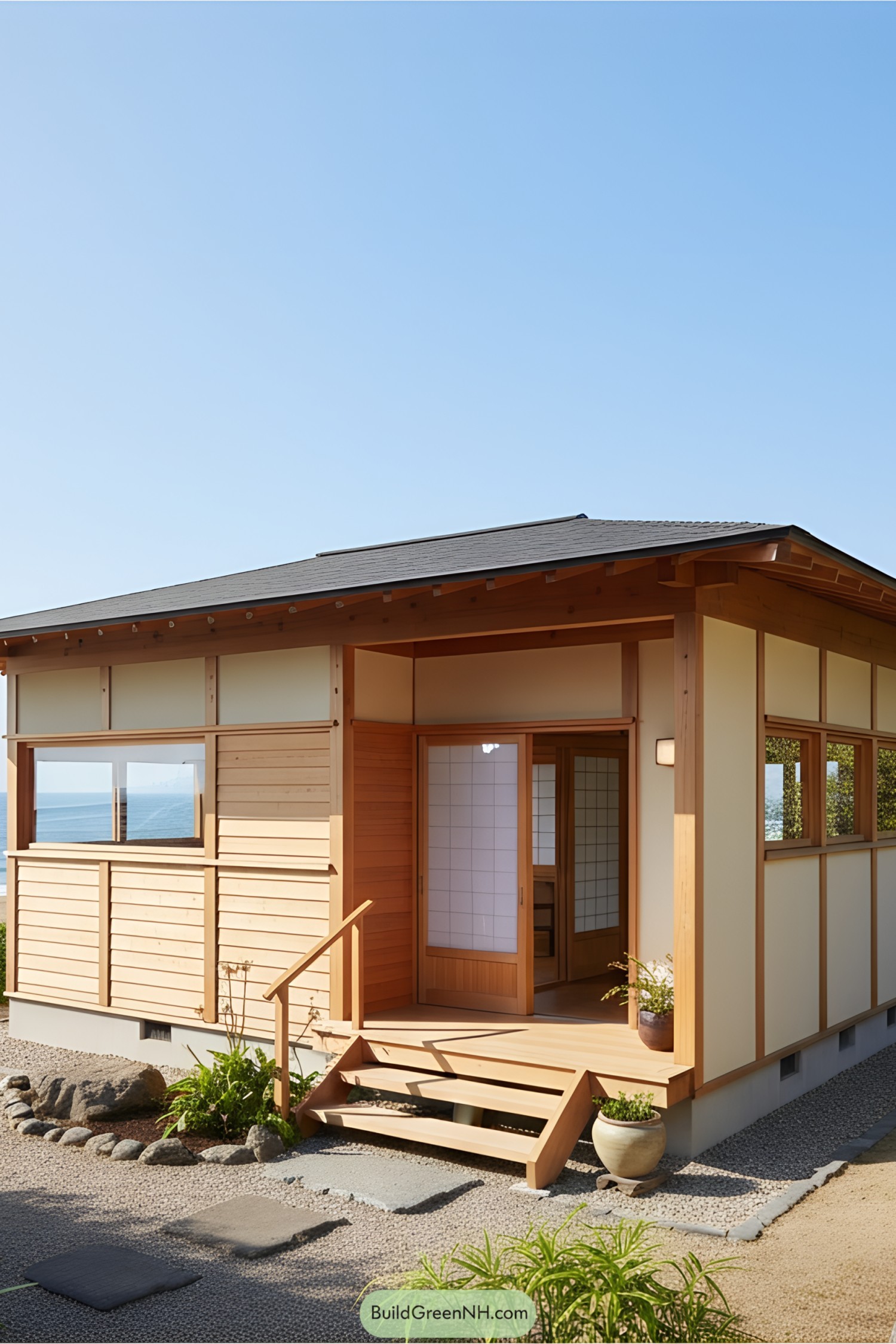Small wooden beach house with ocean in the background
