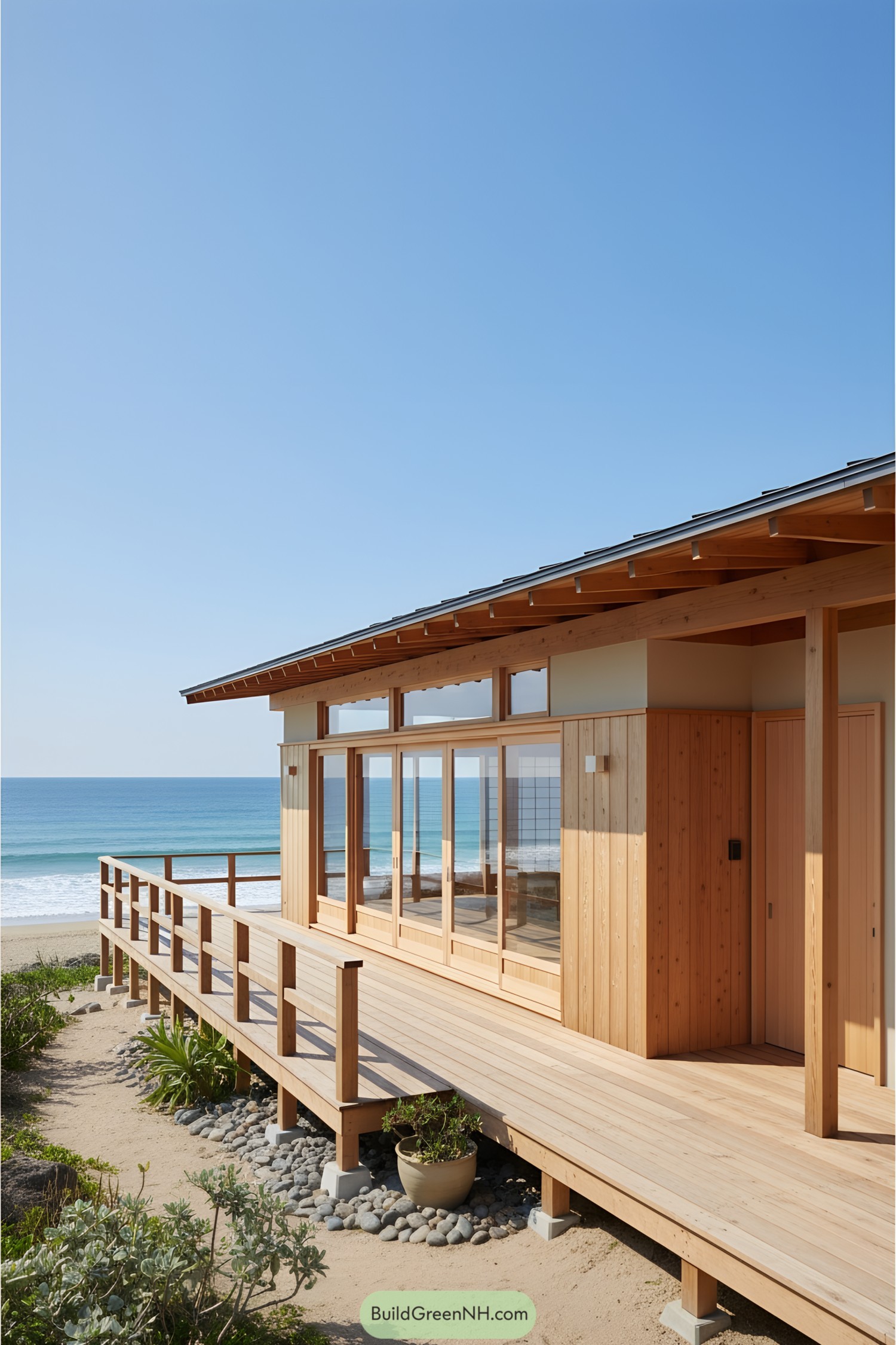Japanese beach house with wooden deck overlooking the ocean