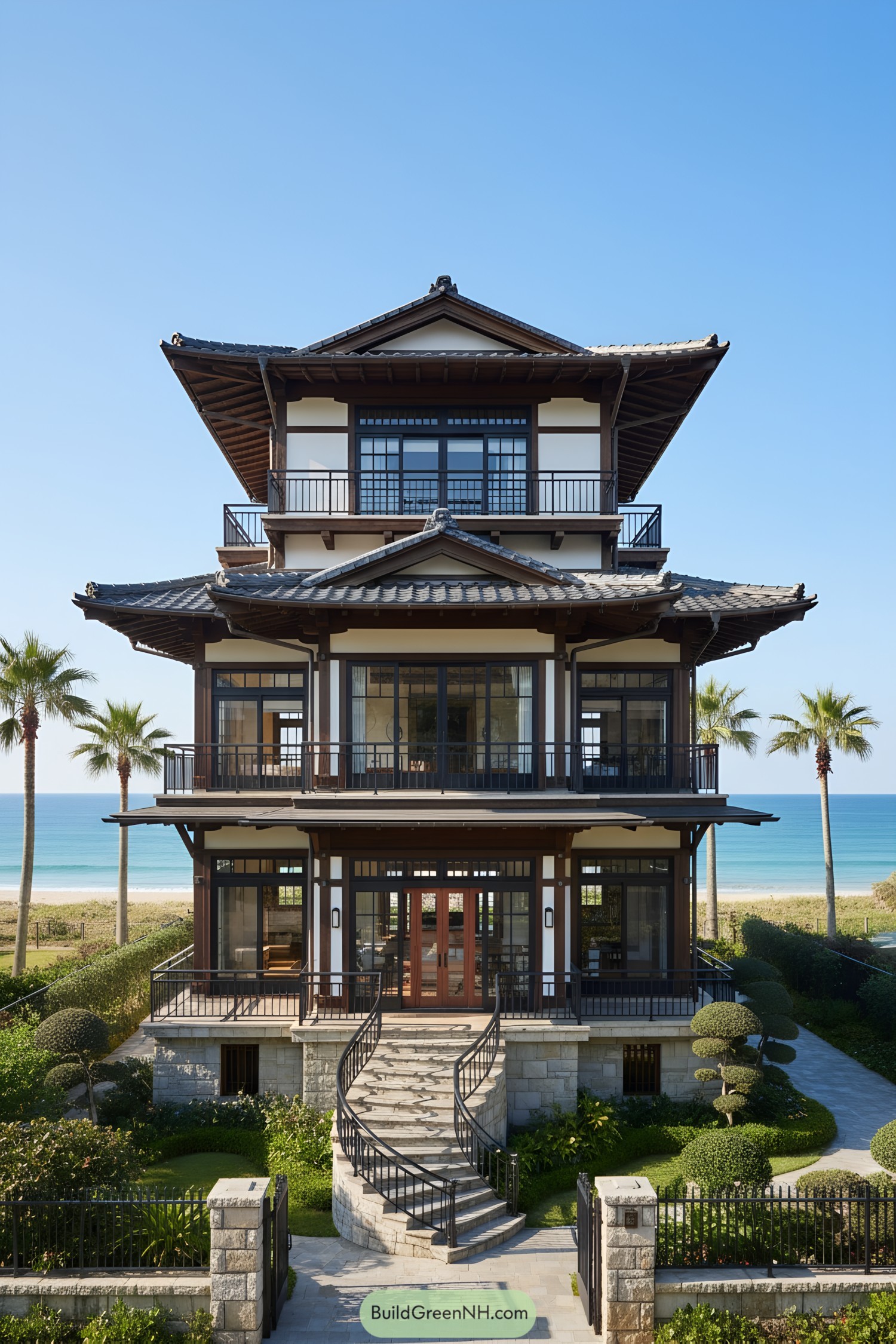 Japanese coastal pagoda-style house with palm trees and ocean view