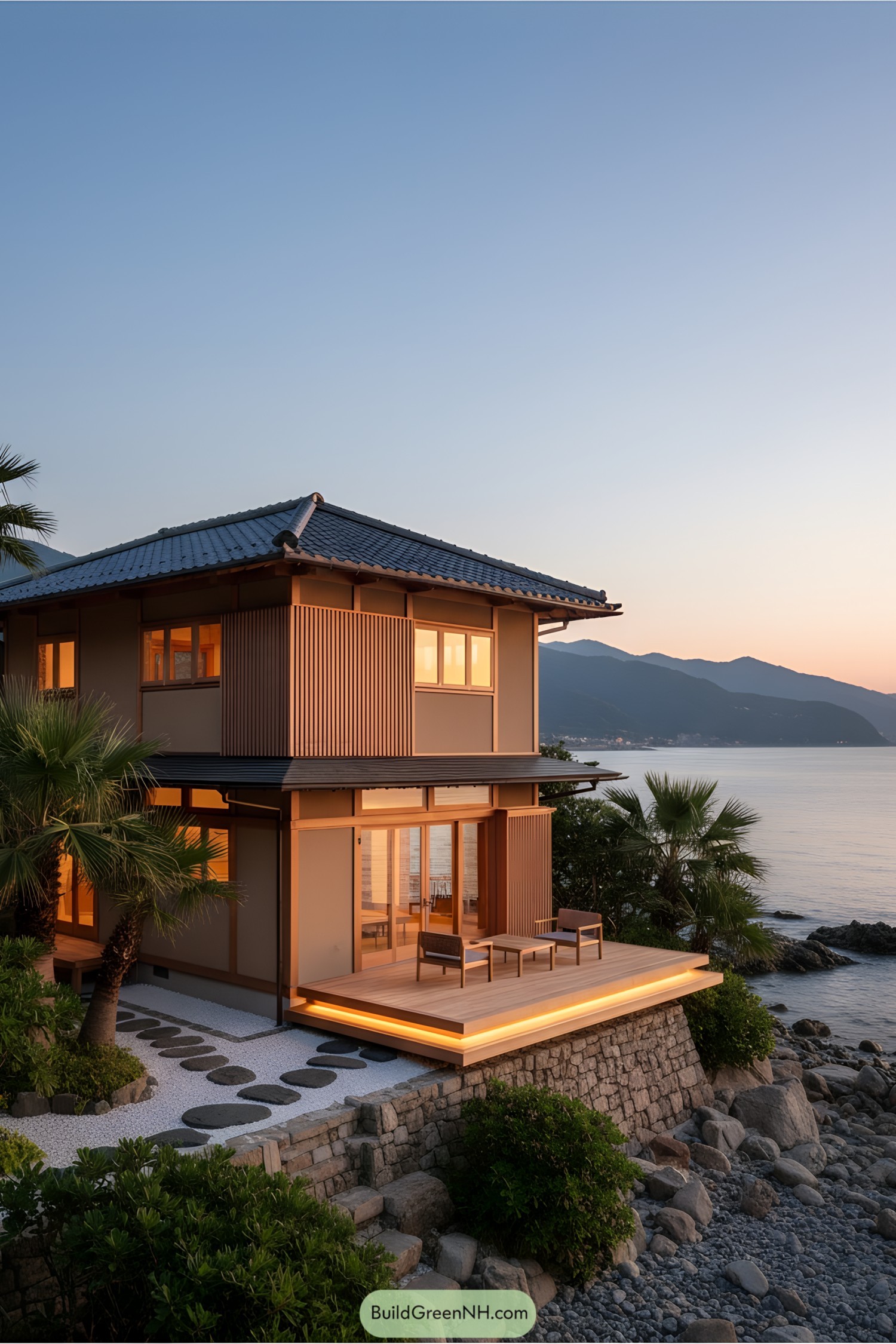 Modern beach house with traditional Japanese elements perched by the sea