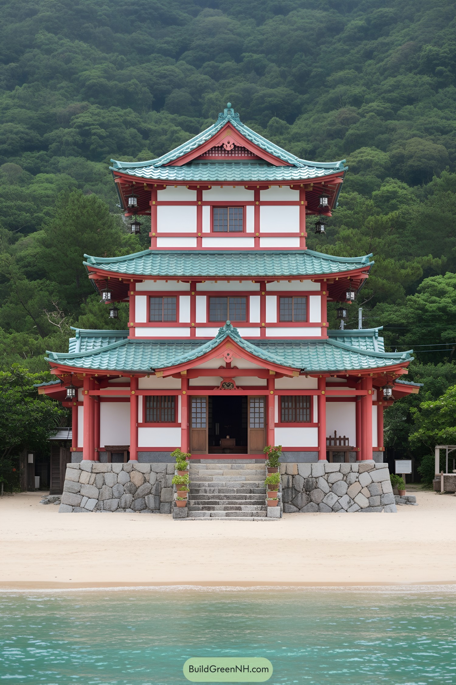 Traditional Japanese house with red accents on a beach