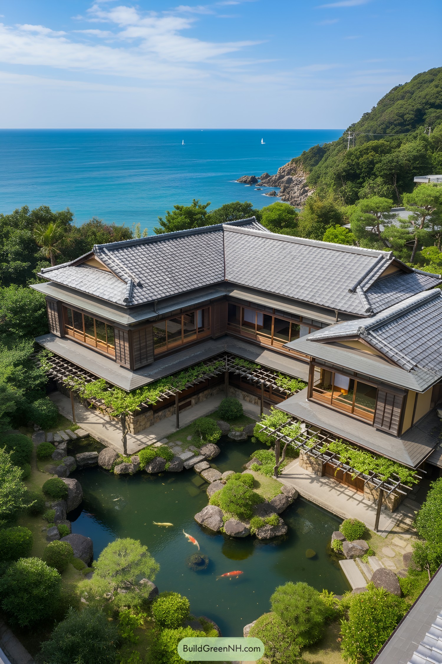 Japanese beach house with garden and ocean view