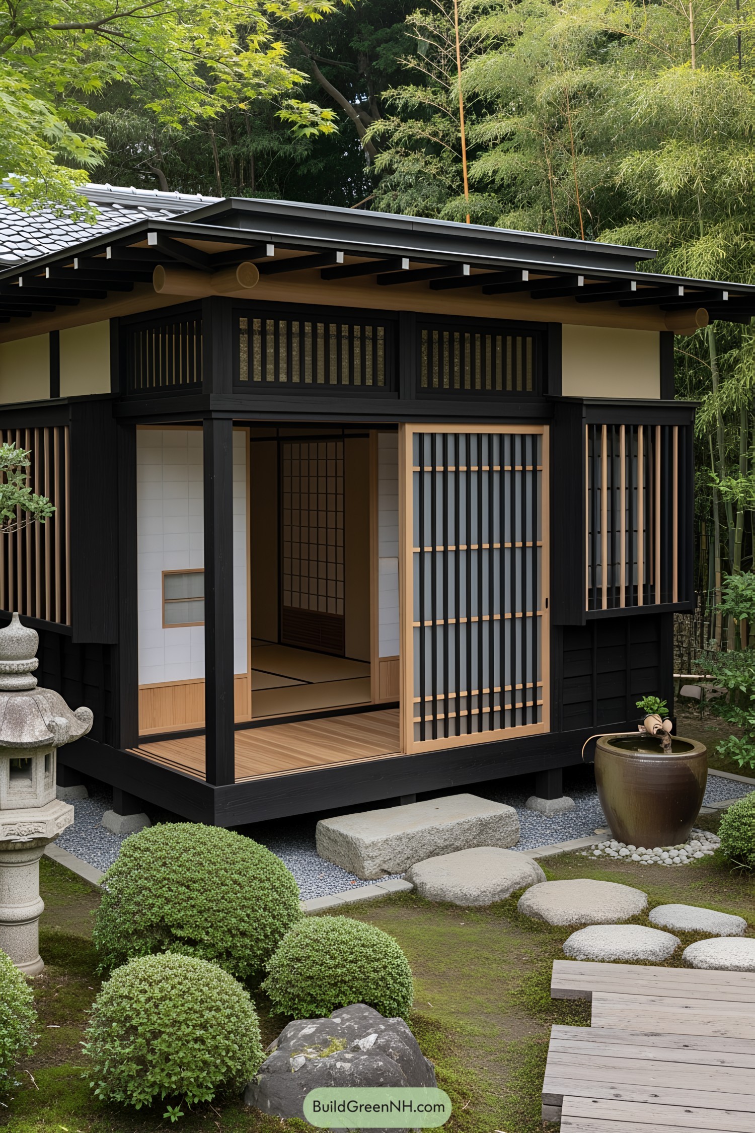 Traditional Japanese porch nestled in greenery