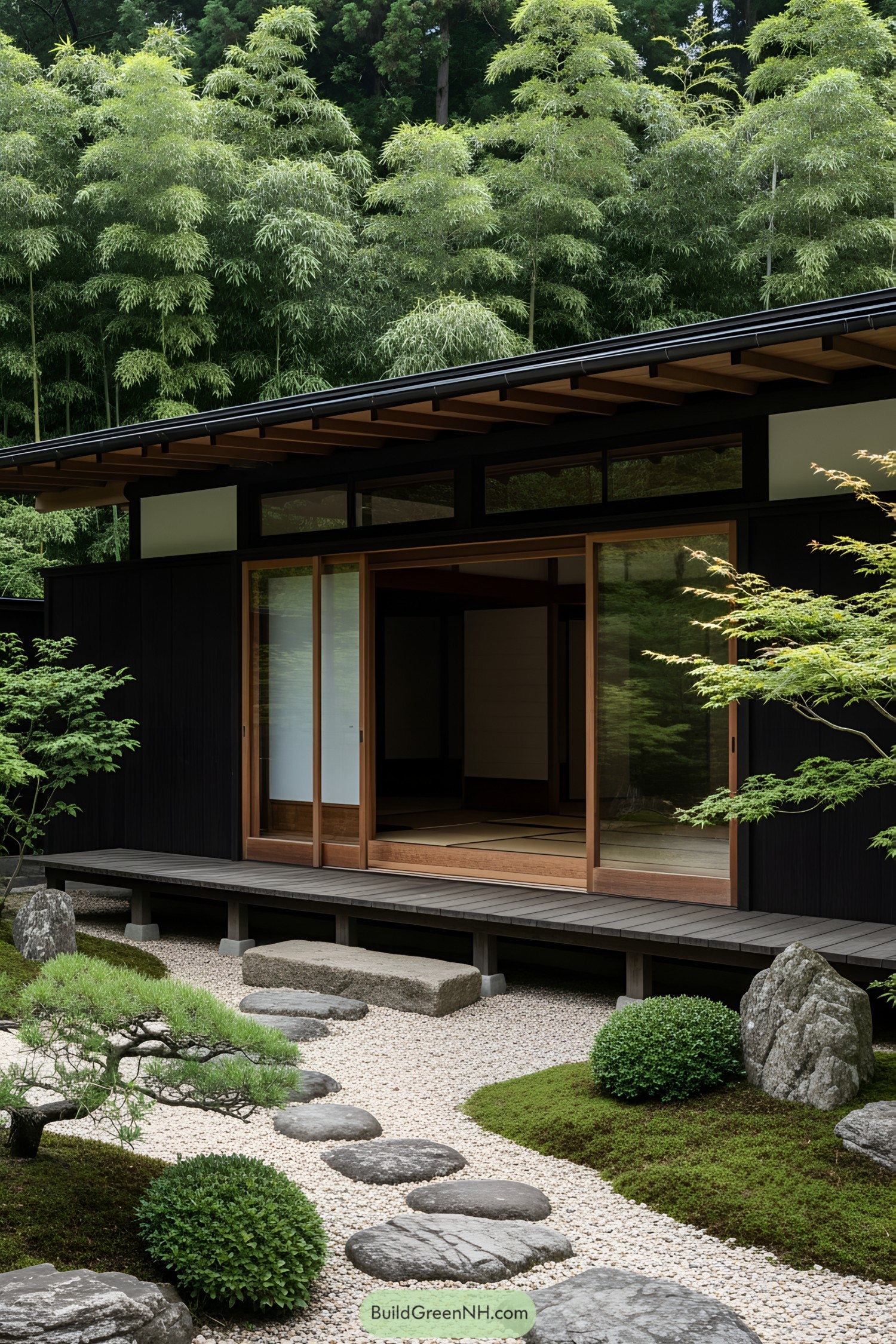 Japanese porch with sliding doors and a rock garden