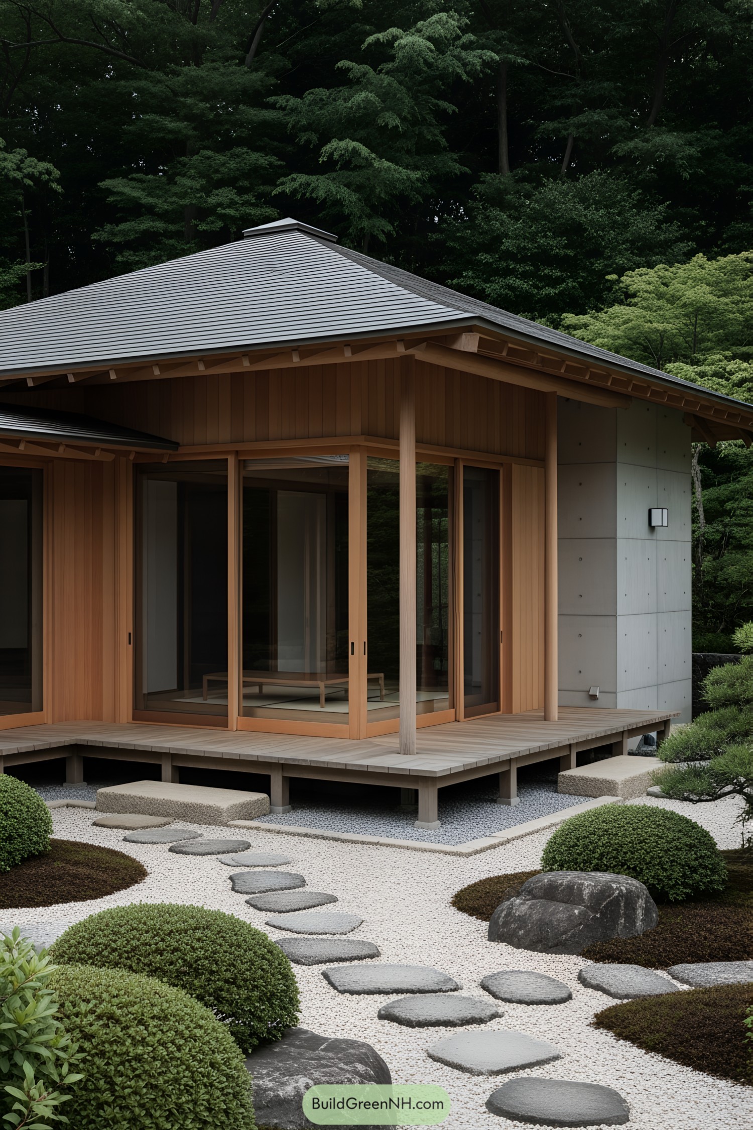 Japanese porch with sliding glass doors and wooden deck