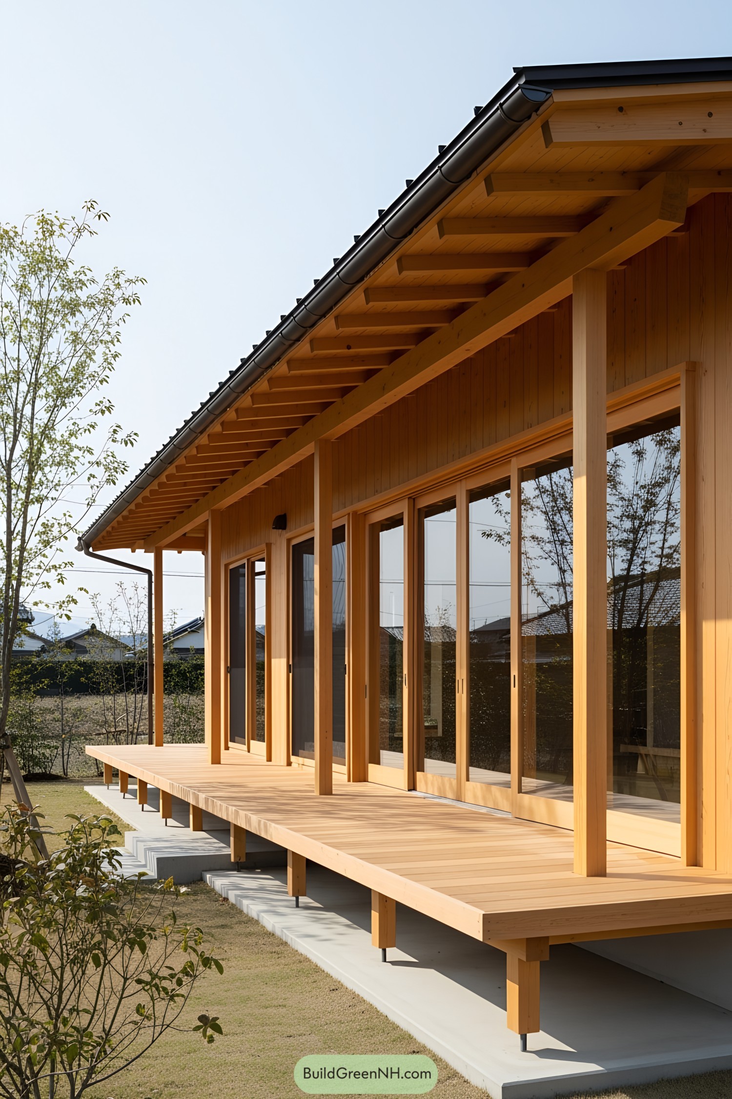 Japanese porch with wooden deck and pillars