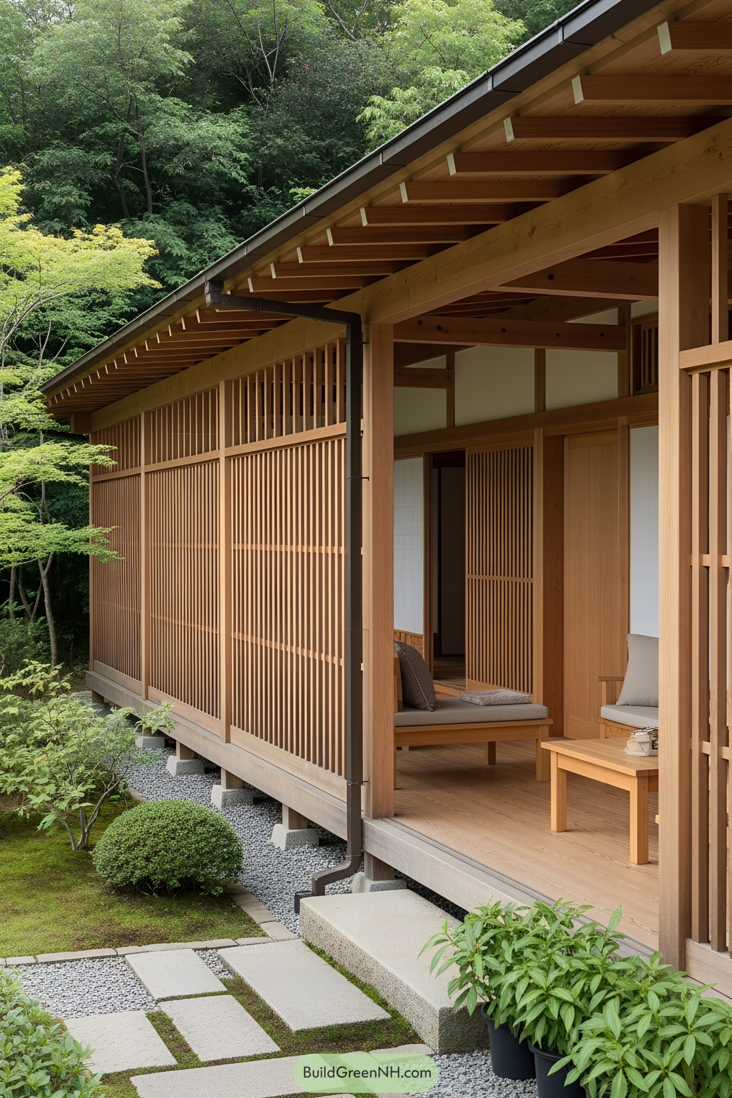 Wooden porch with lush garden