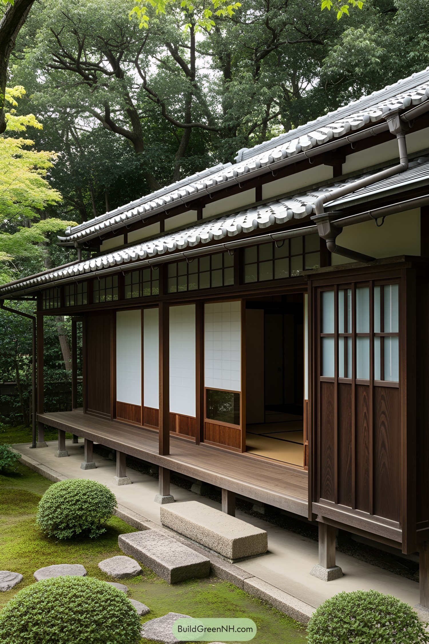 Traditional Japanese porch with sliding doors and wooden deck