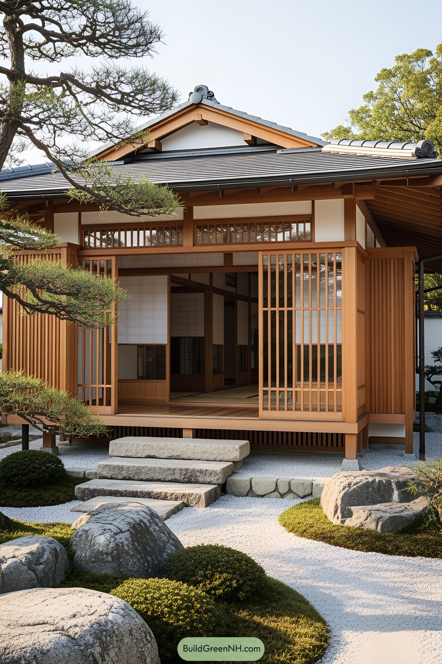 Japanese porch with wooden architecture and stone path